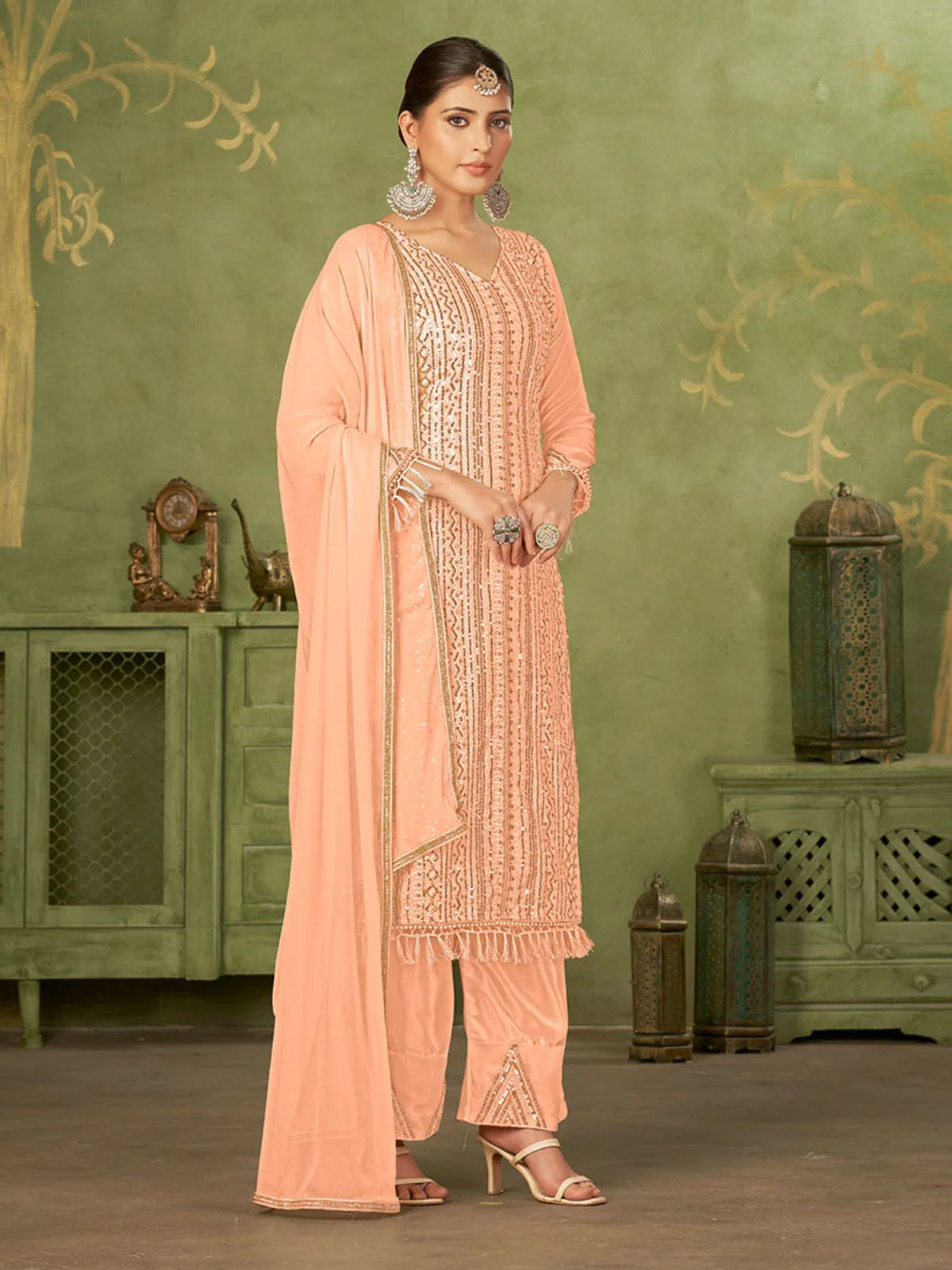 Odette Peach Georgette Embellished Semi Stitched Kurta Set For Women - Image 4