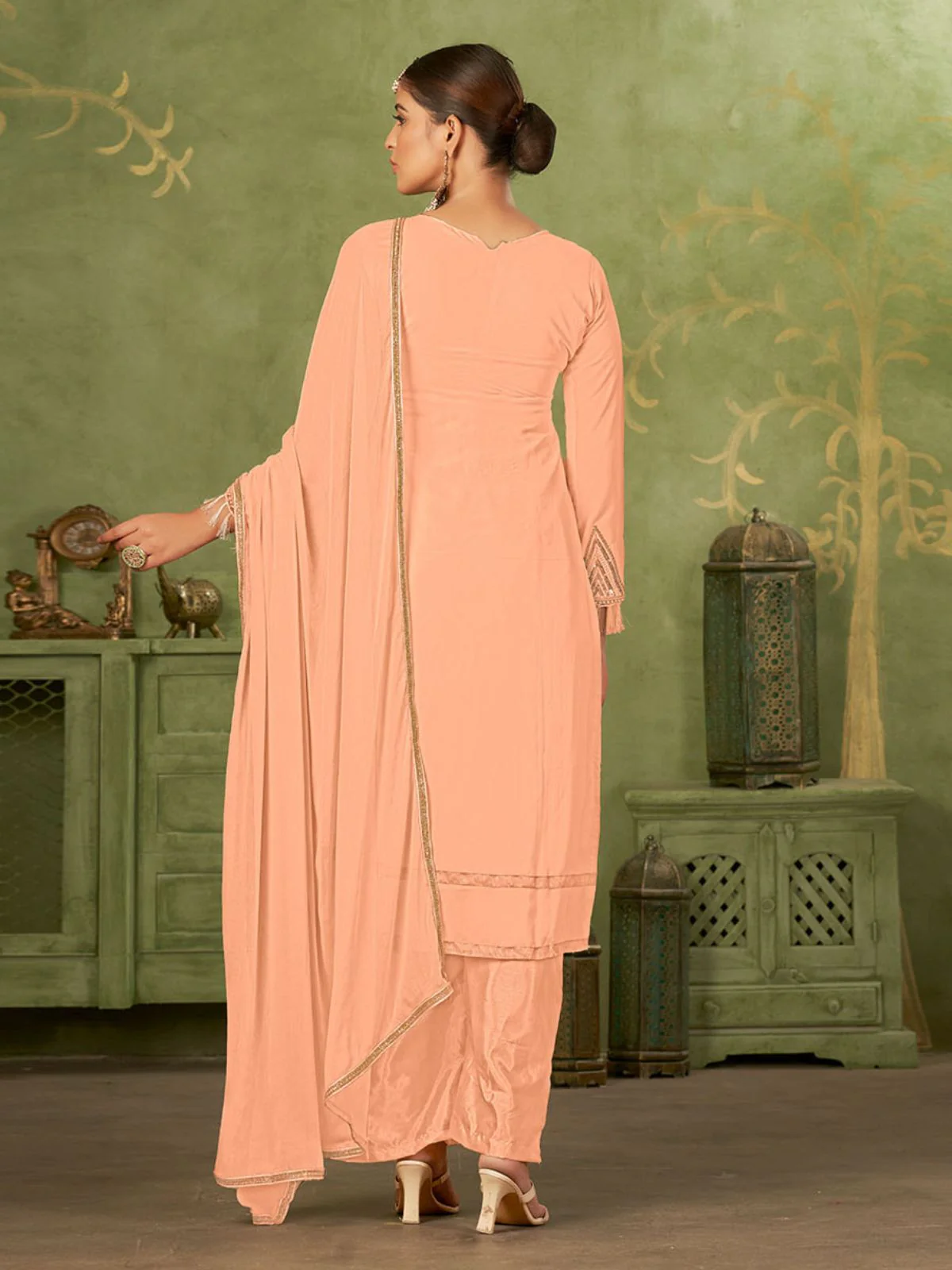 Odette Peach Georgette Embellished Semi Stitched Kurta Set For Women - Image 5