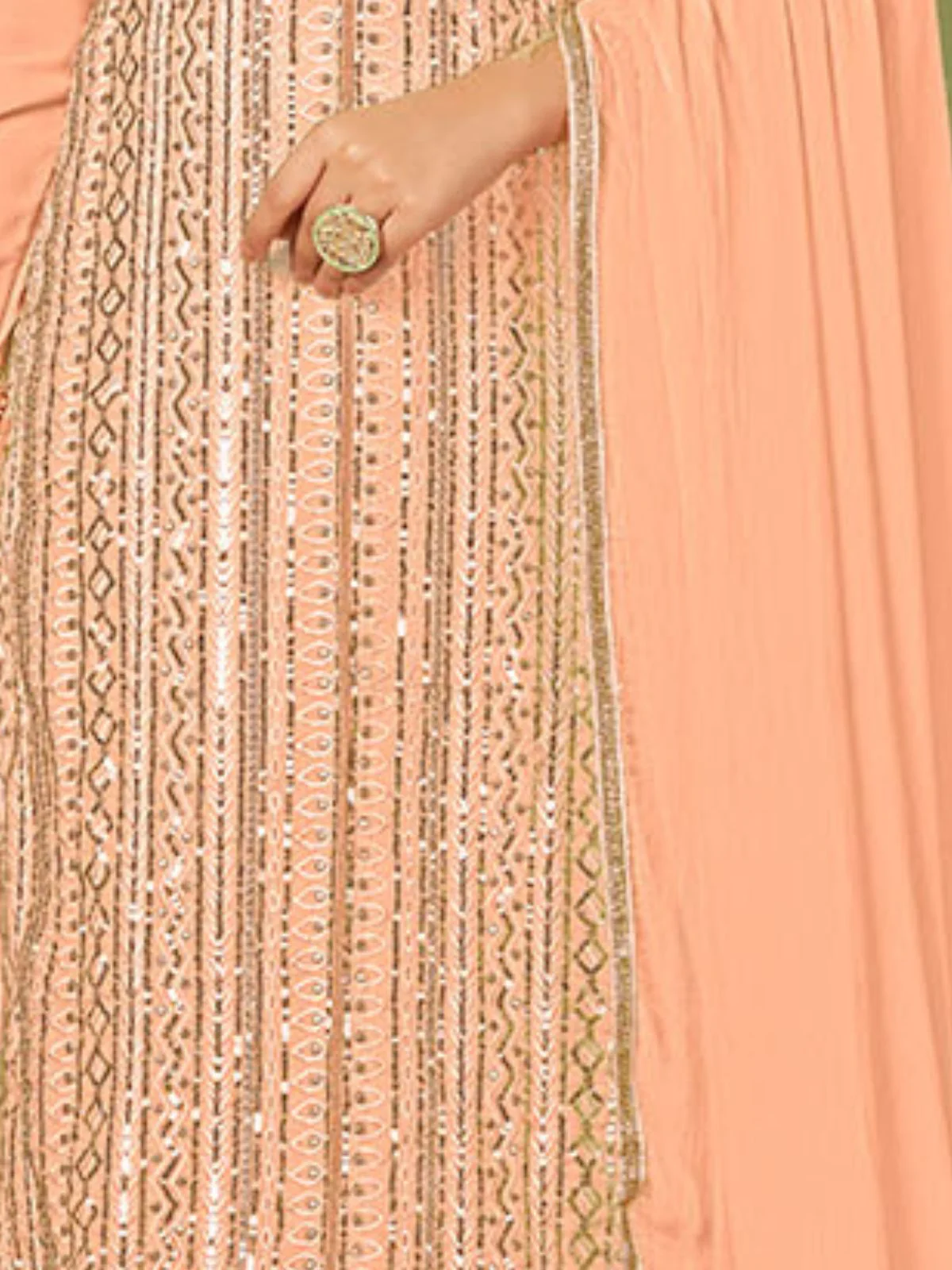 Odette Peach Georgette Embellished Semi Stitched Kurta Set For Women - Image 6