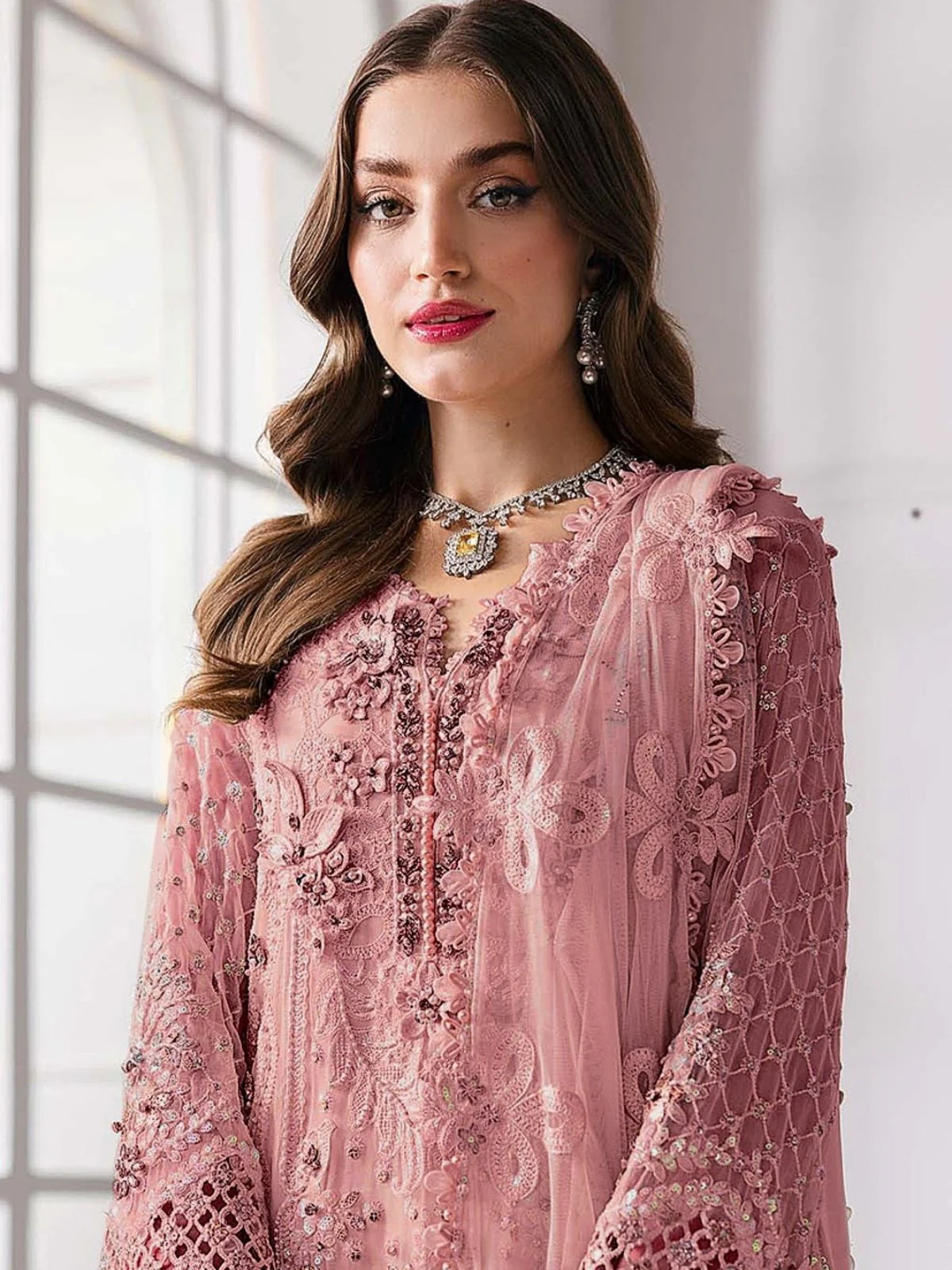 Odette Peach Georgette Embellished Semi Stitched Kurta Set For Women - Image 2