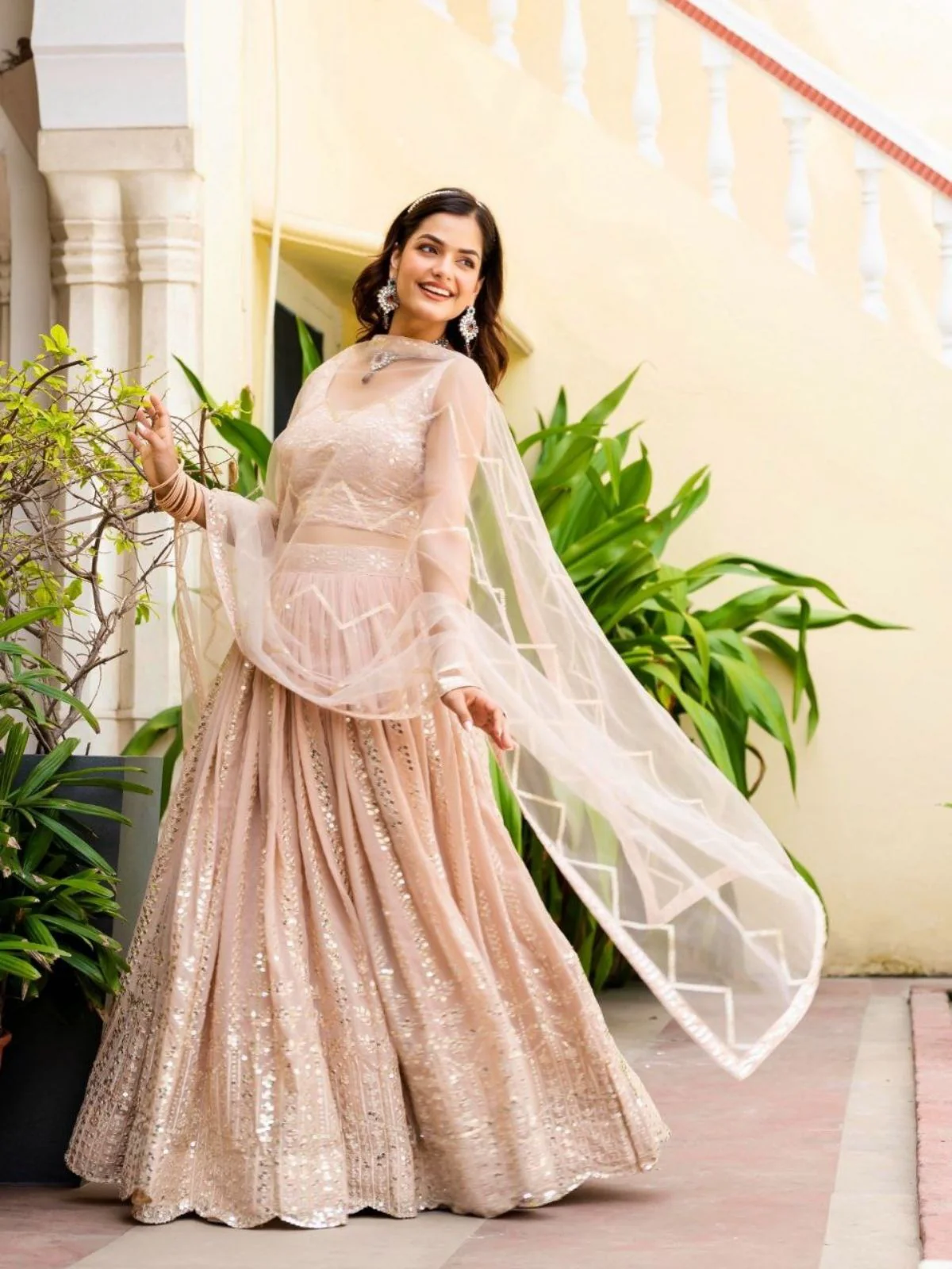 Odette Peach Georgette Embellished Semi Stitched Lehenga For Women - Image 2