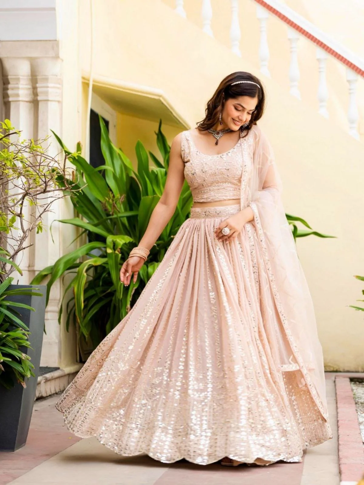 Odette Peach Georgette Embellished Semi Stitched Lehenga For Women - Image 3
