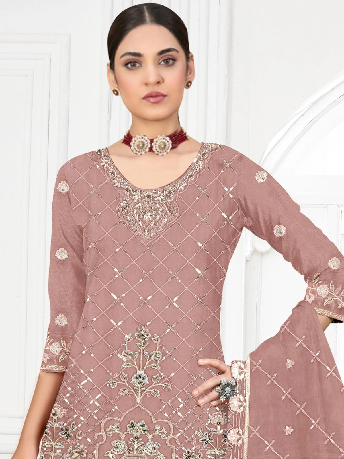 Odette Peach Georgette Embellished Semi-Stitched Kurta Set For Women - Image 2