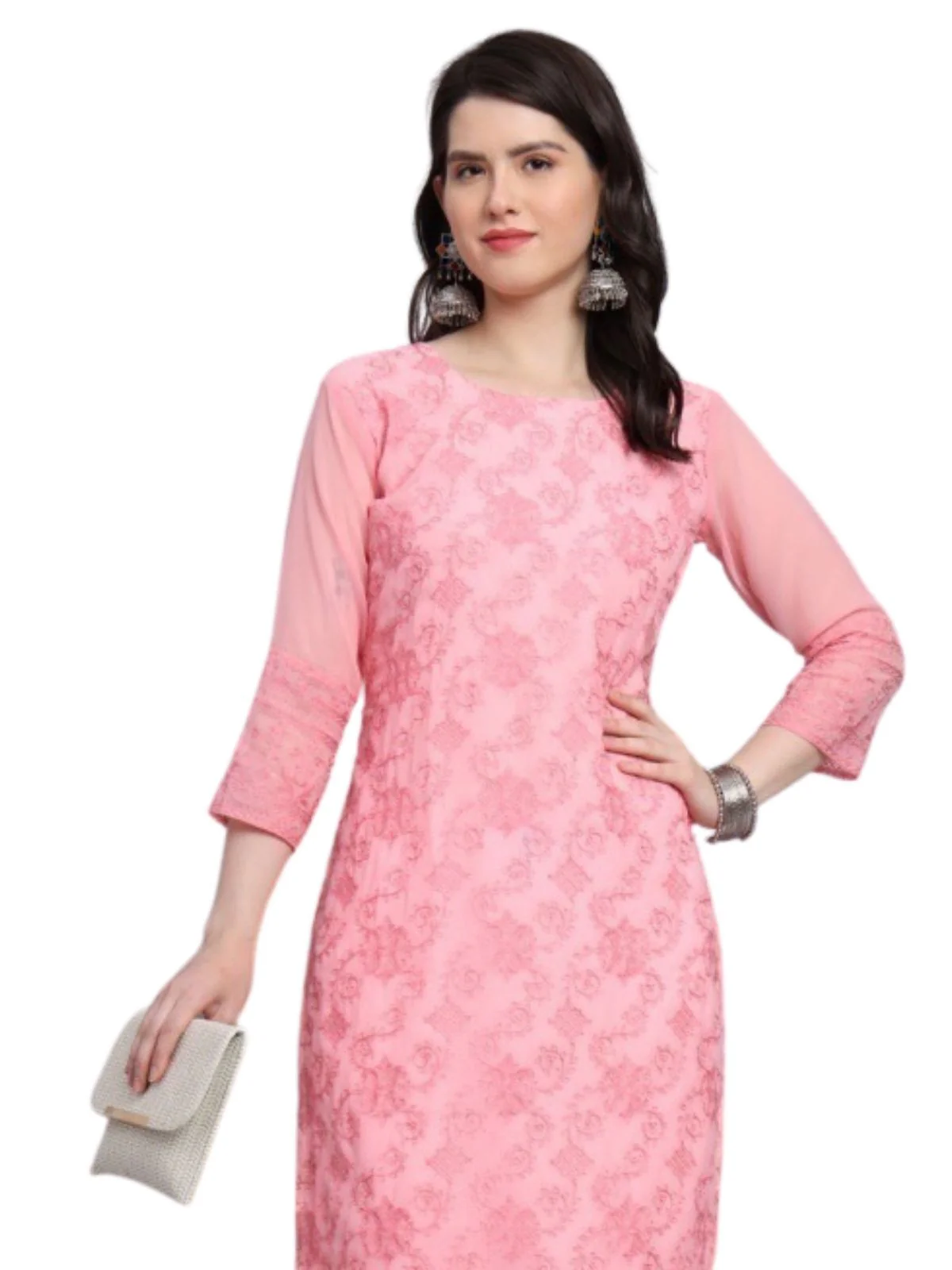 Odette Peach Georgette Embroidered Kurti For Women - Image 2