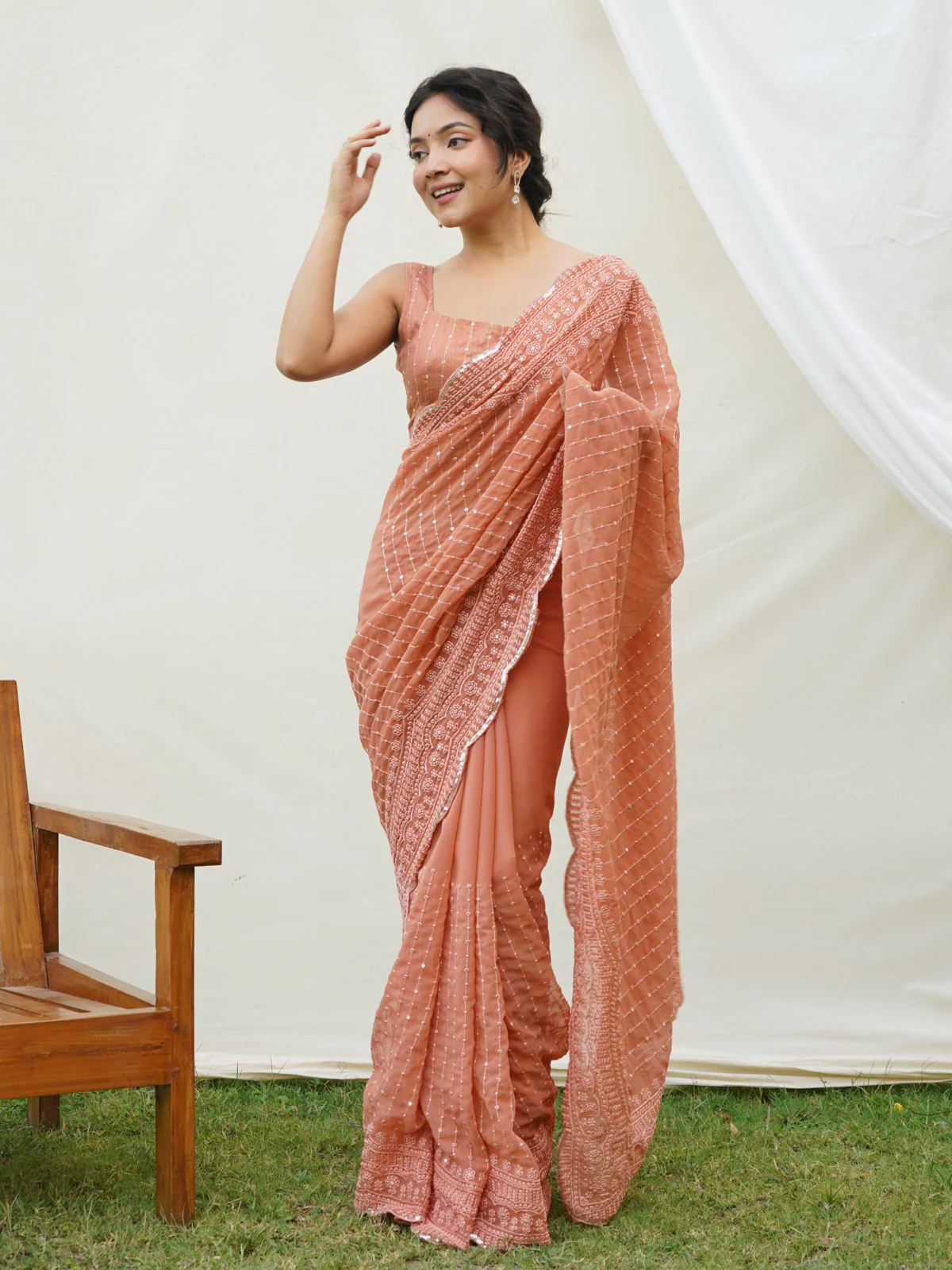 Odette Peach Georgette Embroidered Saree With Unstitched Blouse For Women - Image 2