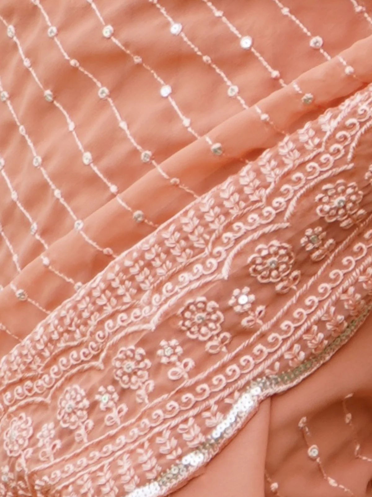 Odette Peach Georgette Embroidered Saree With Unstitched Blouse For Women - Image 7