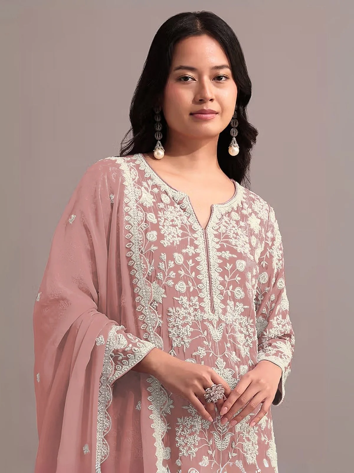 Odette Peach Georgette Embroidered Semi-Sitched Kurta Set For Women - Image 2