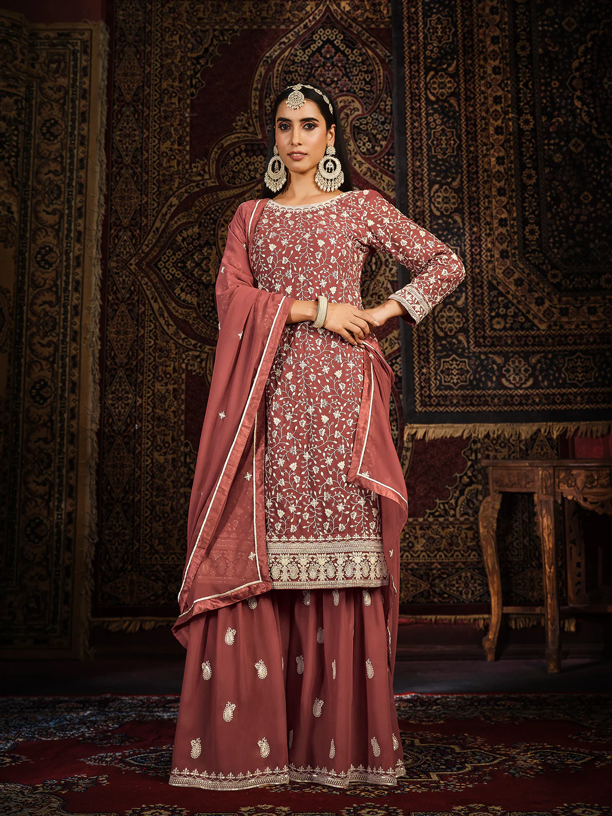 Odette Peach Georgette Embroidered Semi stitched Kurta Set with Inner For Women - Image 2