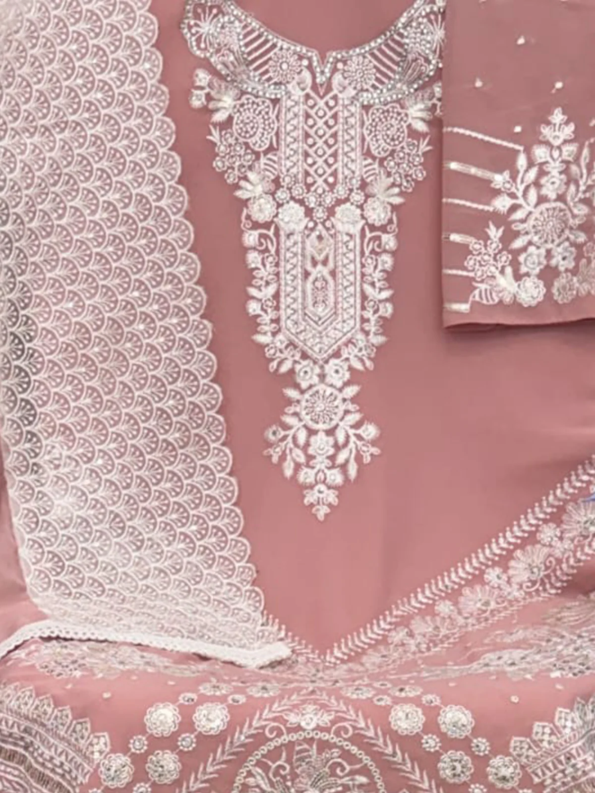 Odette Peach Georgette Embroidered Semi Stitched Salwar Suit For Women - Image 3