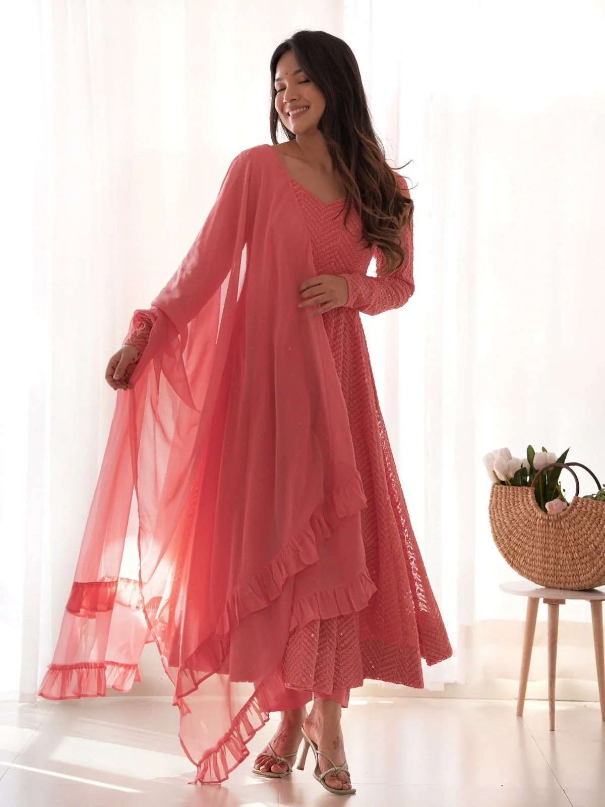 Odette Peach Georgette Embroidered Stitched Kurta Set For Women - Image 3
