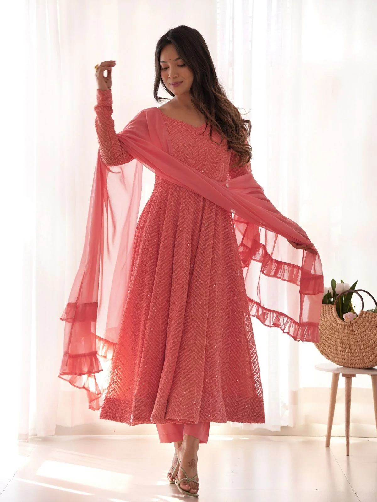 Odette Peach Georgette Embroidered Stitched Kurta Set For Women - Image 4