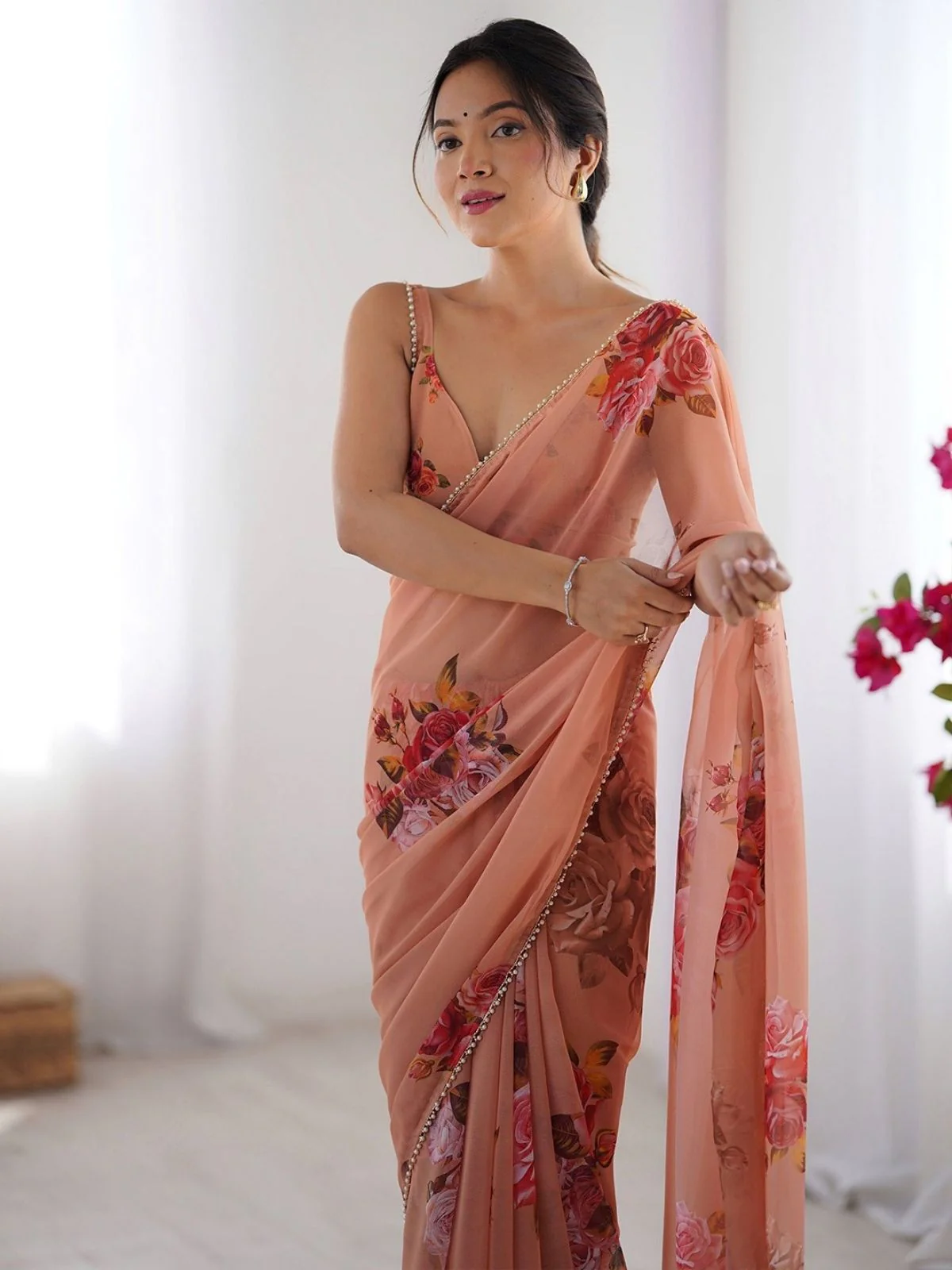 Odette Peach Georgette Printed Saree For Women - Image 2