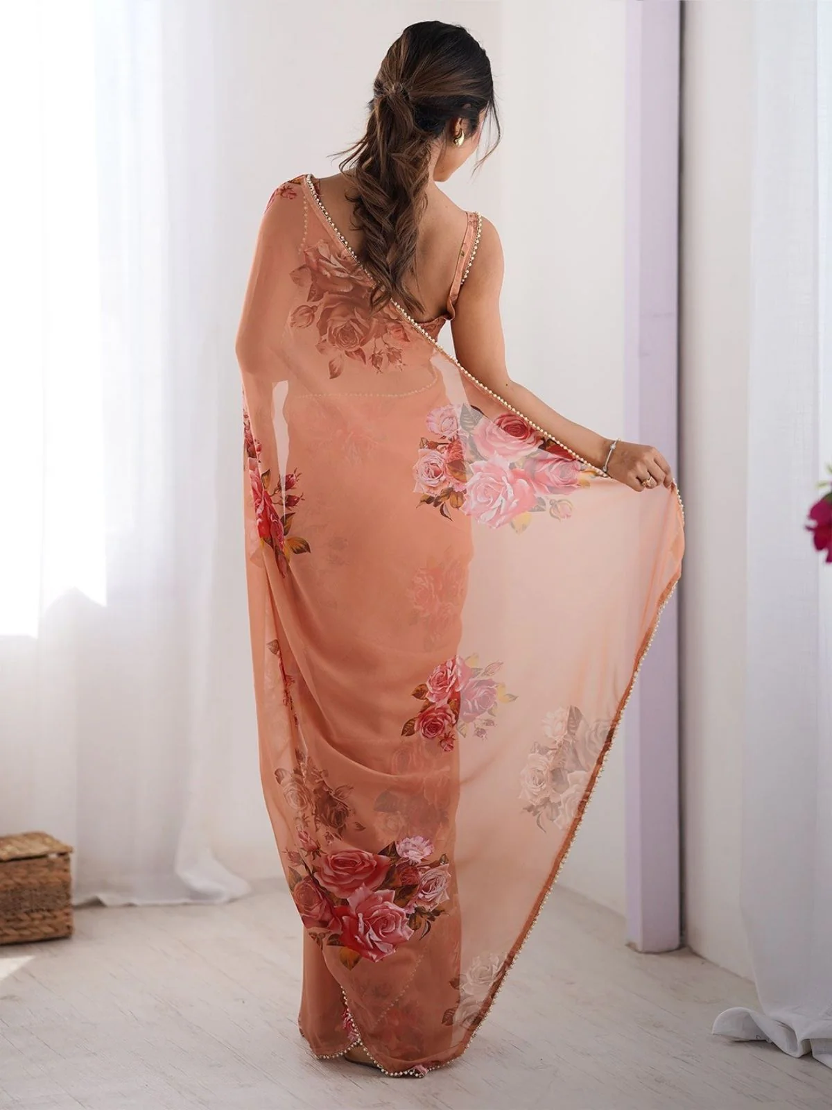 Odette Peach Georgette Printed Saree For Women - Image 3