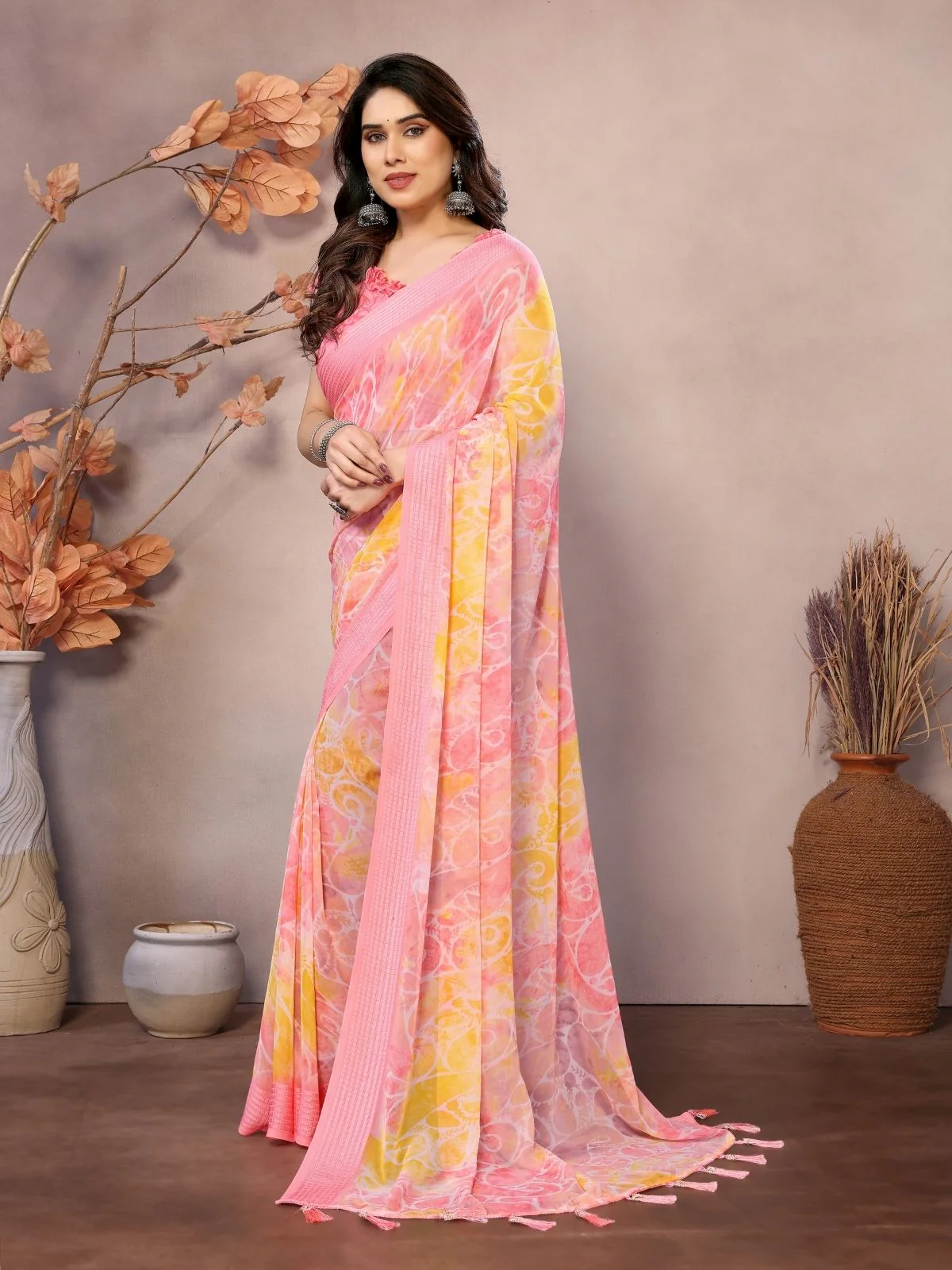 Odette Peach Georgette Printed Saree For Women - Image 2
