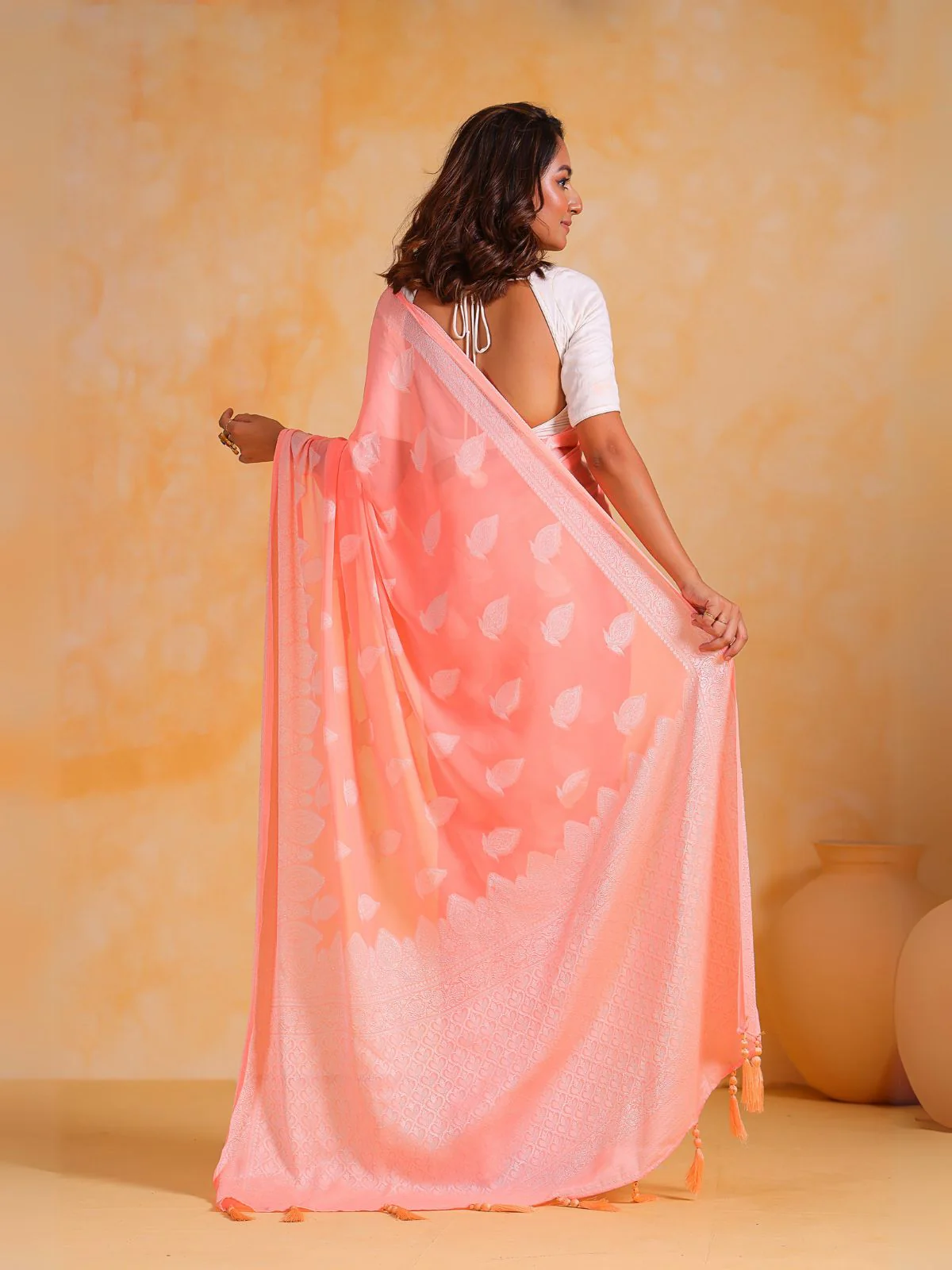 Odette Peach Georgette Woven Design Saree With Unstitched Blouse For Women - Image 4