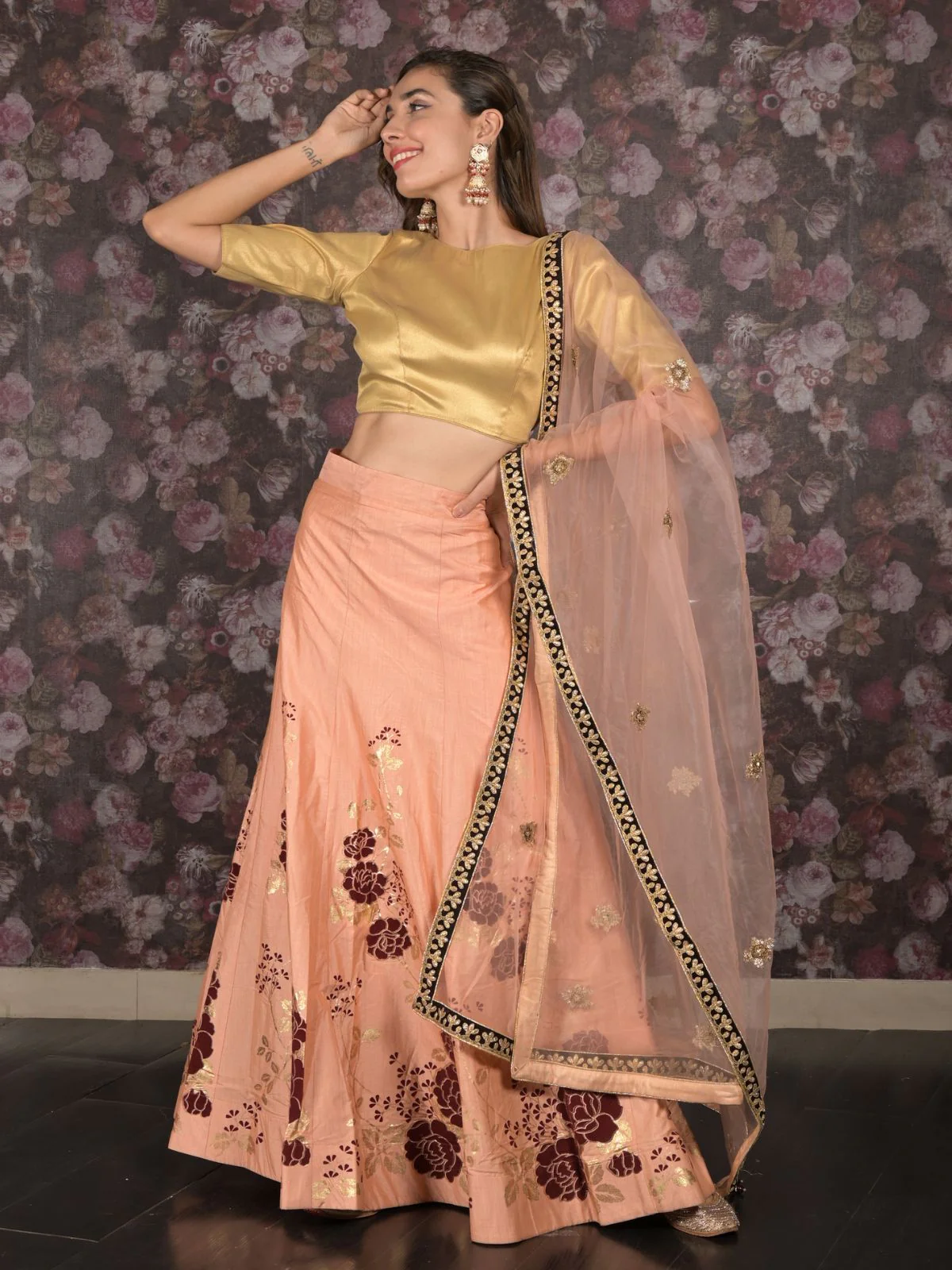 Odette Peach Hand Printed Semi Stitched Lehenga Set With Dupatta And Unstitched Blouse For Women - Image 3
