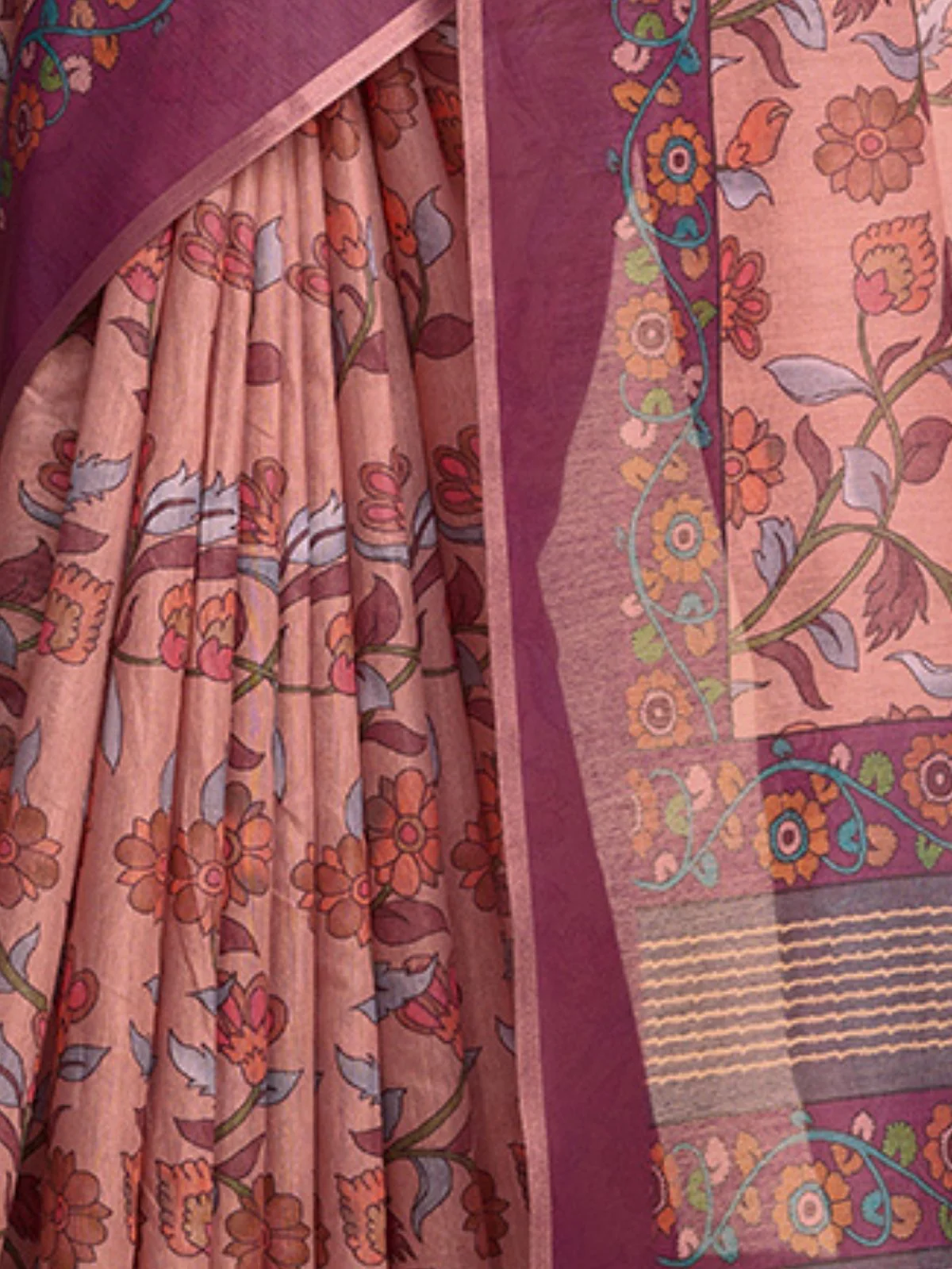 Odette Peach Linen Printed Saree With Unstitched Blouse For Women - Image 4