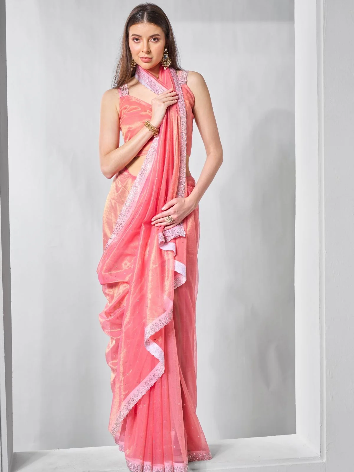Odette Peach Net Embellished Saree With Unstitched Blouse For Women - Image 2