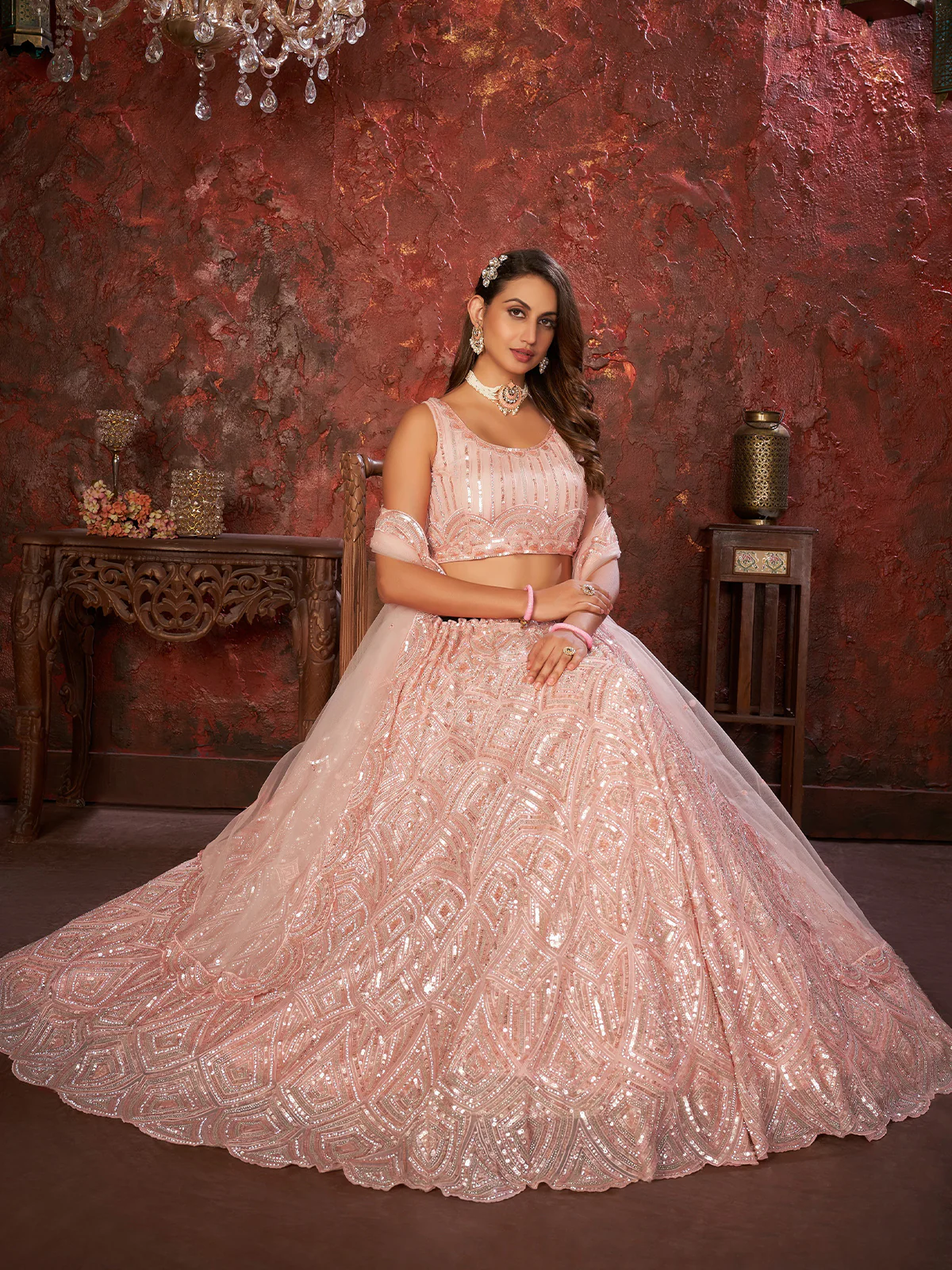 Odette Peach Net Embellished Semi Stitched Lehenga With Unstitched Blouse for Women - Image 2