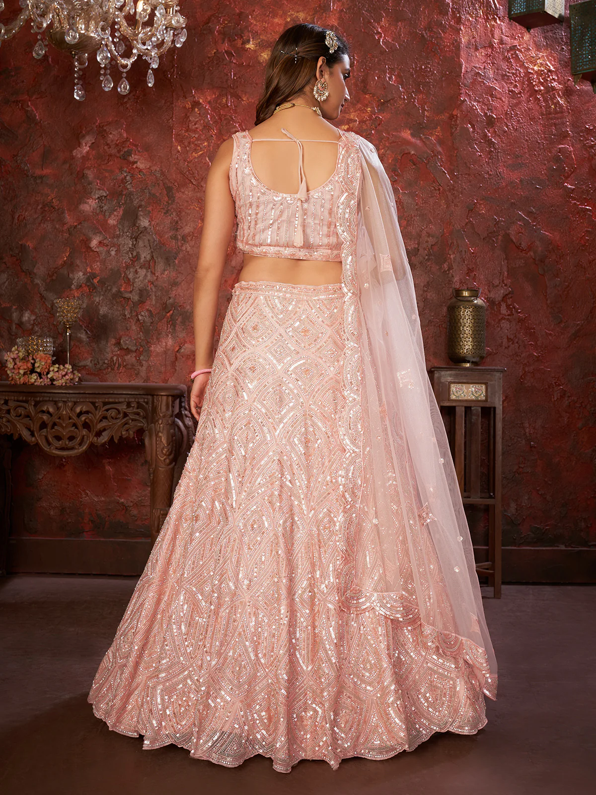 Odette Peach Net Embellished Semi Stitched Lehenga With Unstitched Blouse for Women - Image 3