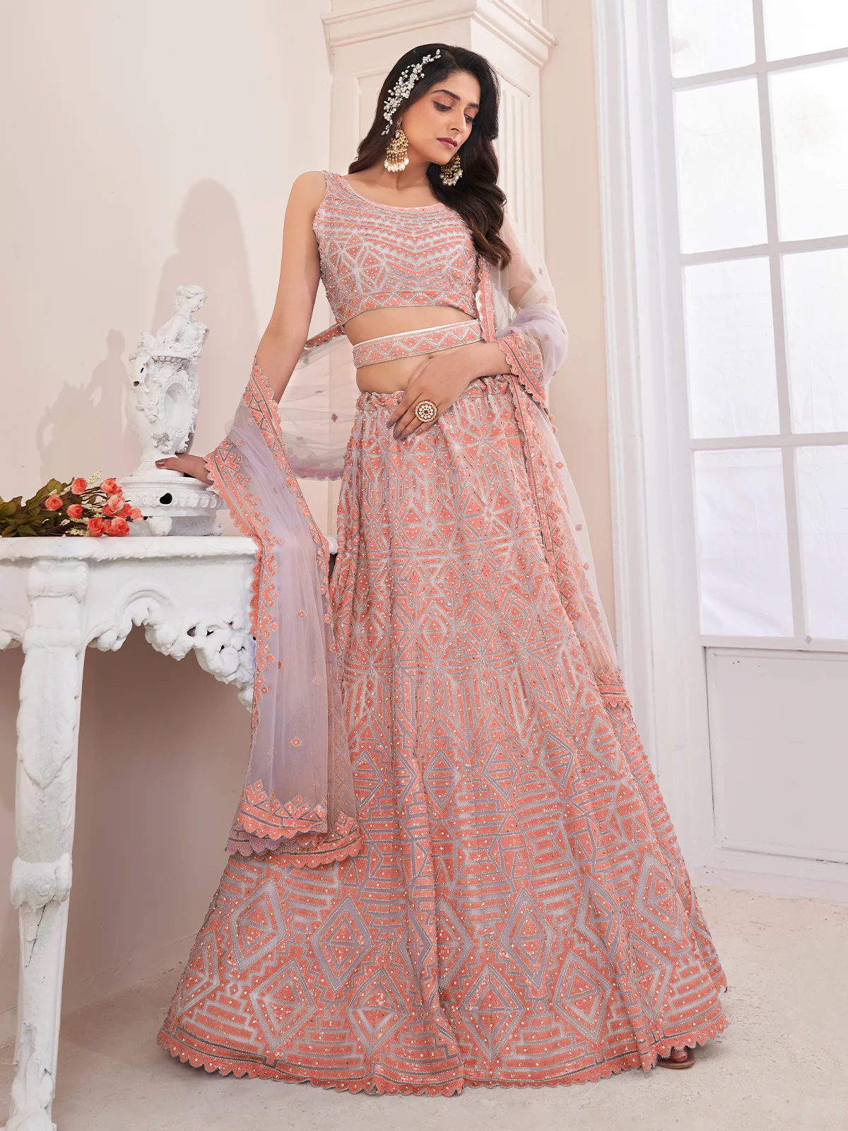 Odette Peach and Grey Net Embellished Semi Stitched Lehenga With Unstitched Blouse for Women - Image 2