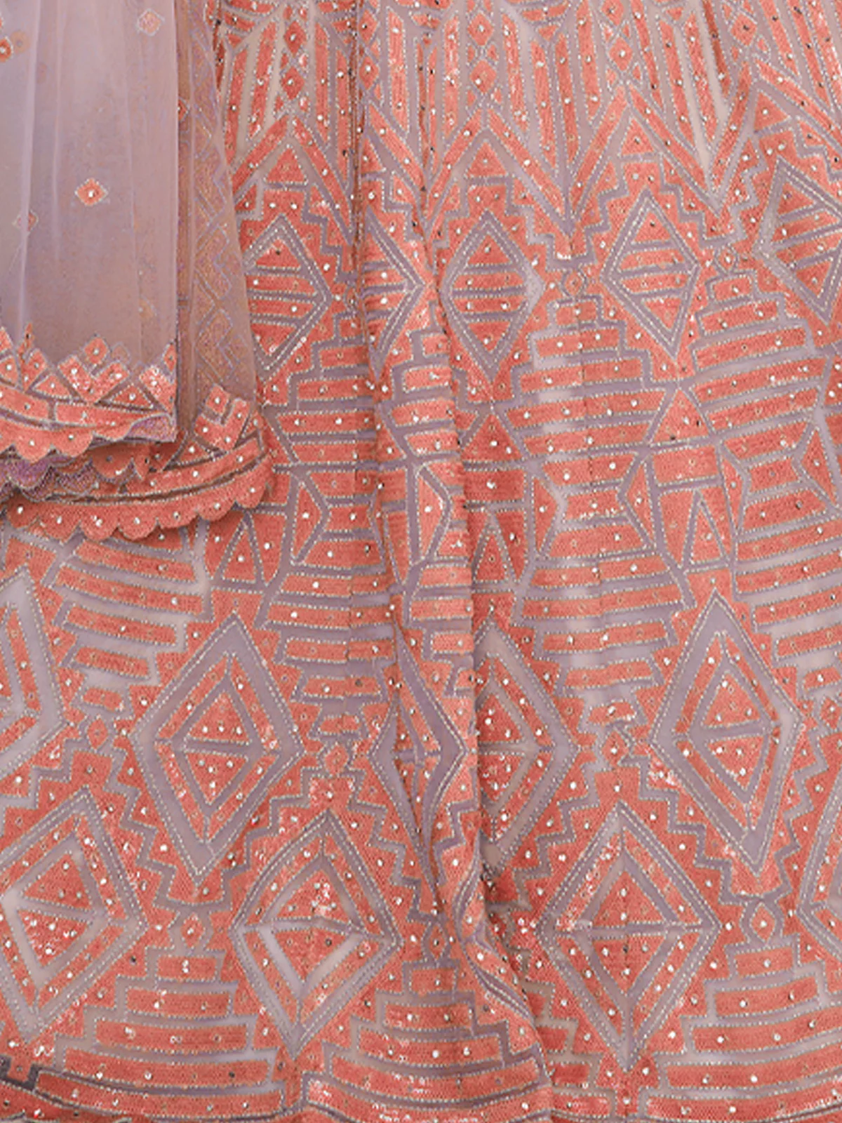 Odette Peach and Grey Net Embellished Semi Stitched Lehenga With Unstitched Blouse for Women - Image 5