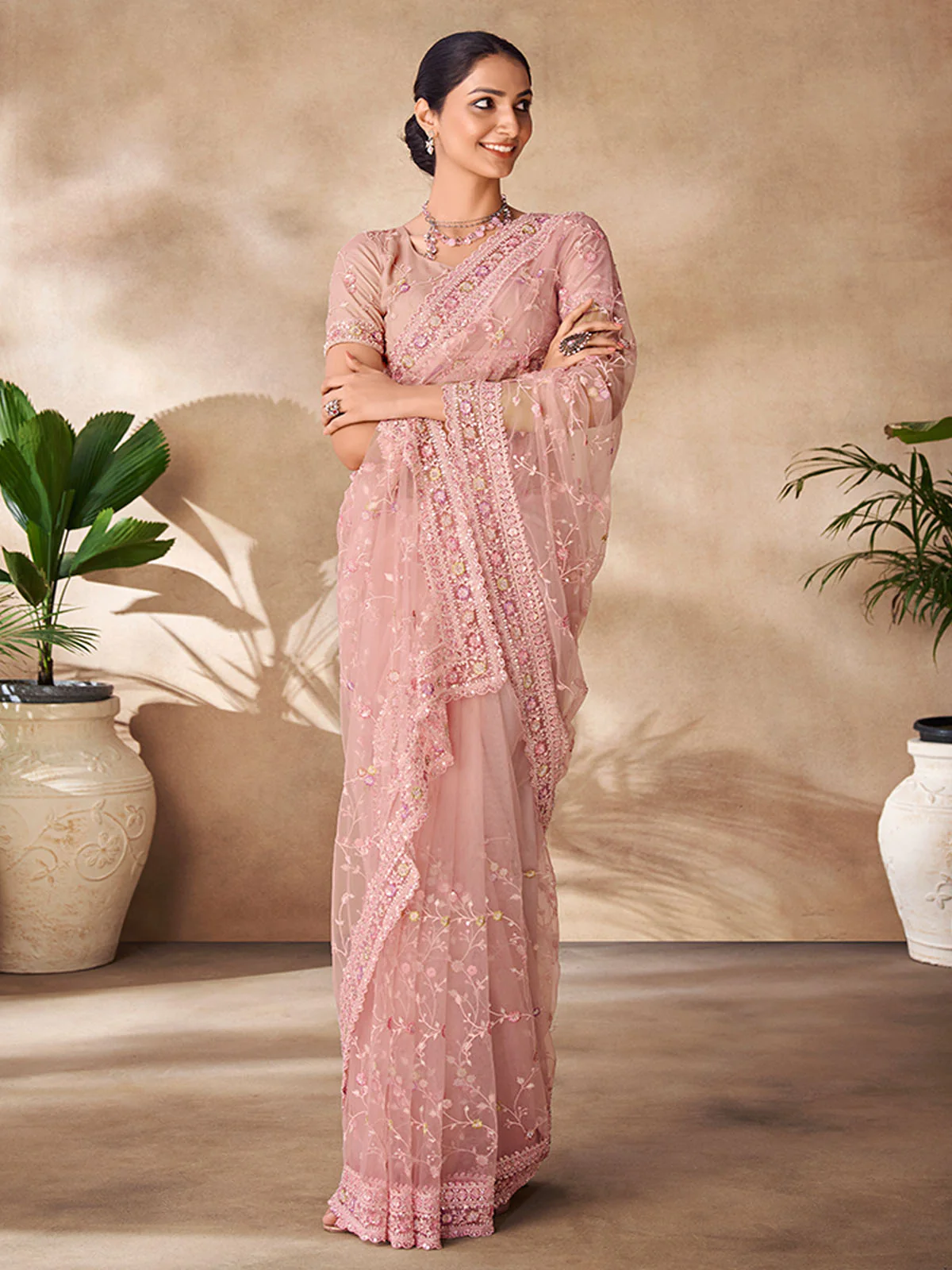 Odette Peach Net Embroidered Saree With Unstitched Blouse For Women - Image 2