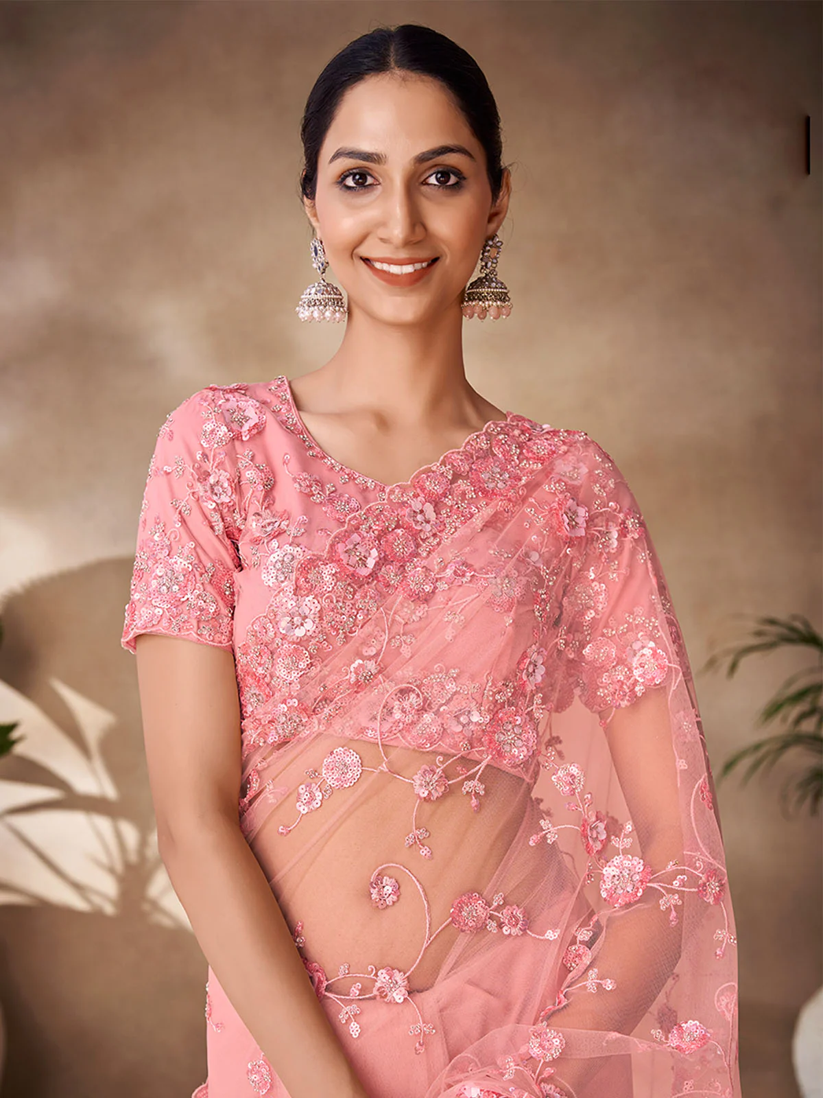 Odette Peach Net Embroidered Saree With Unstitched Blouse For Women - Image 3