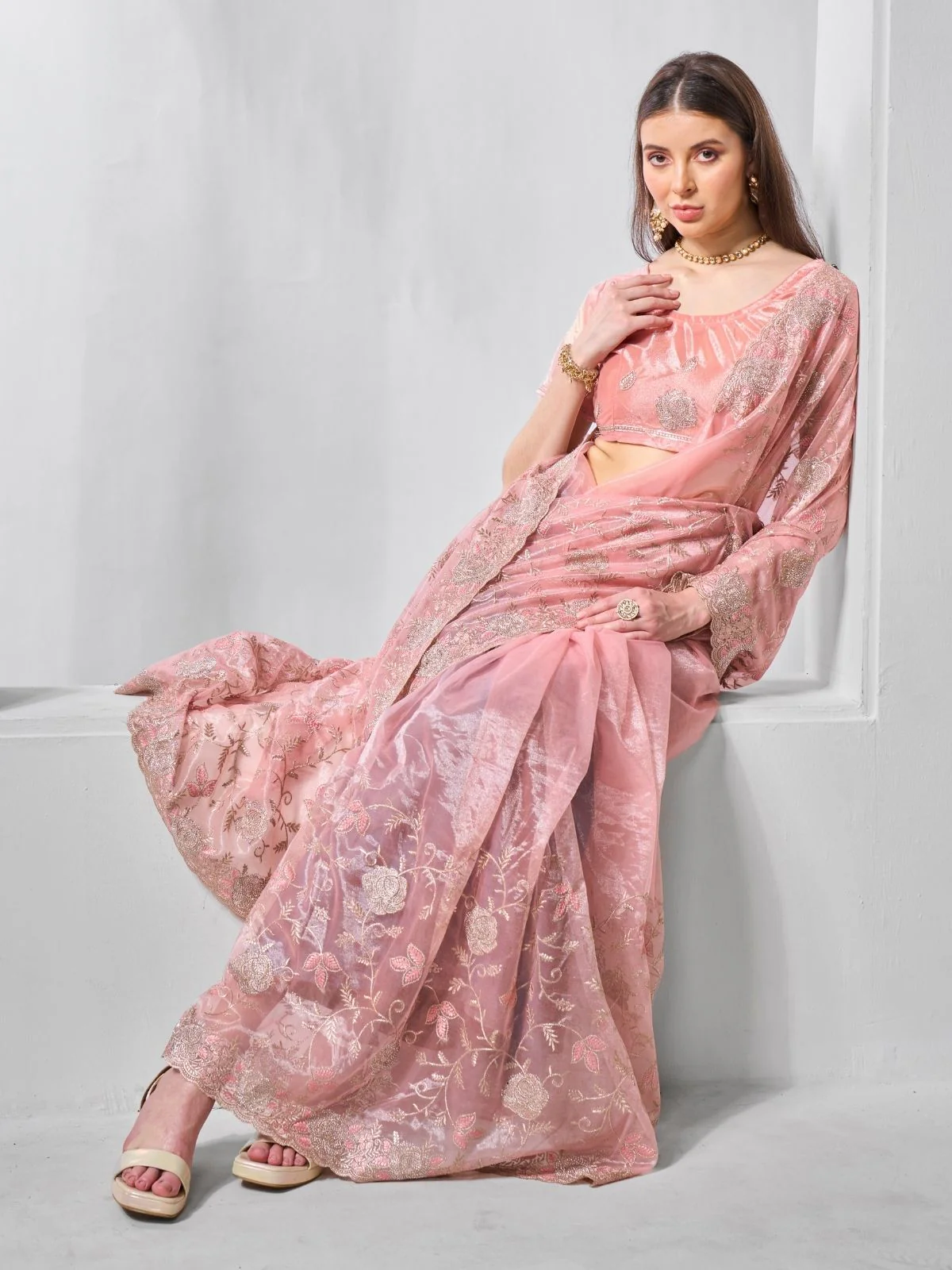 Odette Peach Net Embroidered Saree With Unstitched Blouse For Women - Image 2