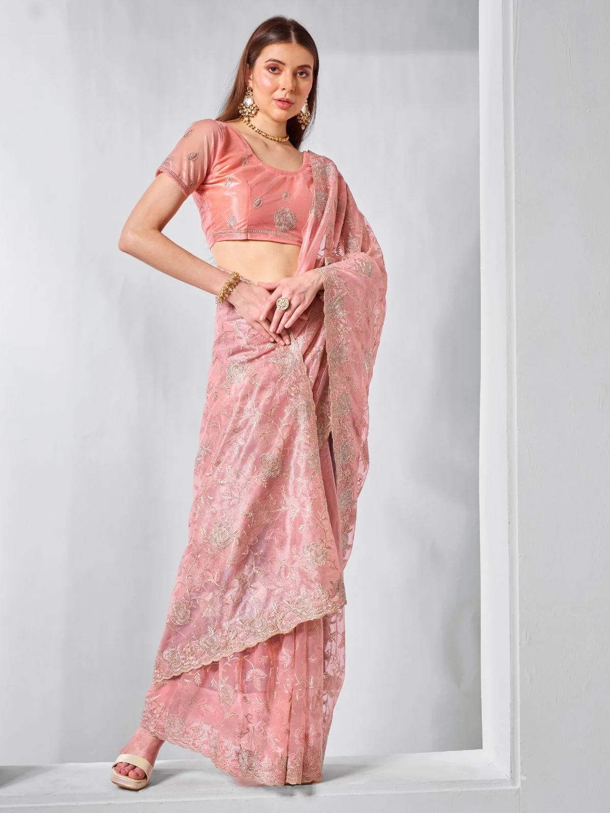 Odette Peach Net Embroidered Saree With Unstitched Blouse For Women - Image 4