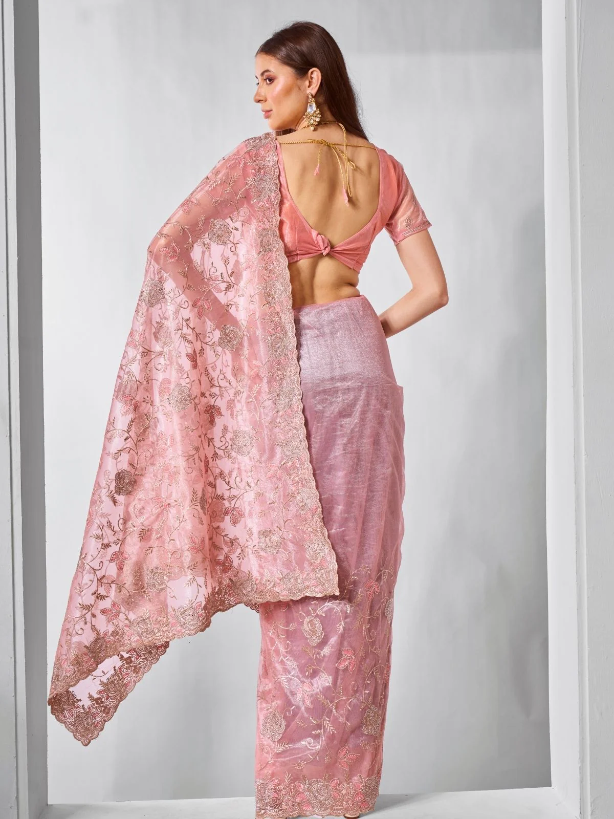 Odette Peach Net Embroidered Saree With Unstitched Blouse For Women - Image 5
