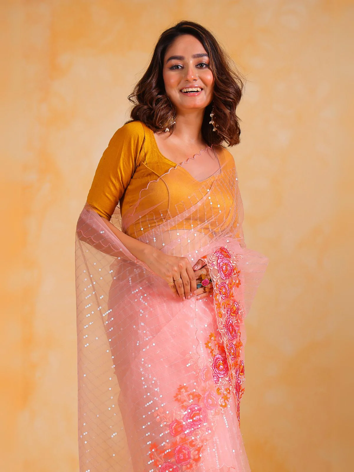 Odette Peach Net Embroidered Saree With Unstitched Blouse For Women - Image 3