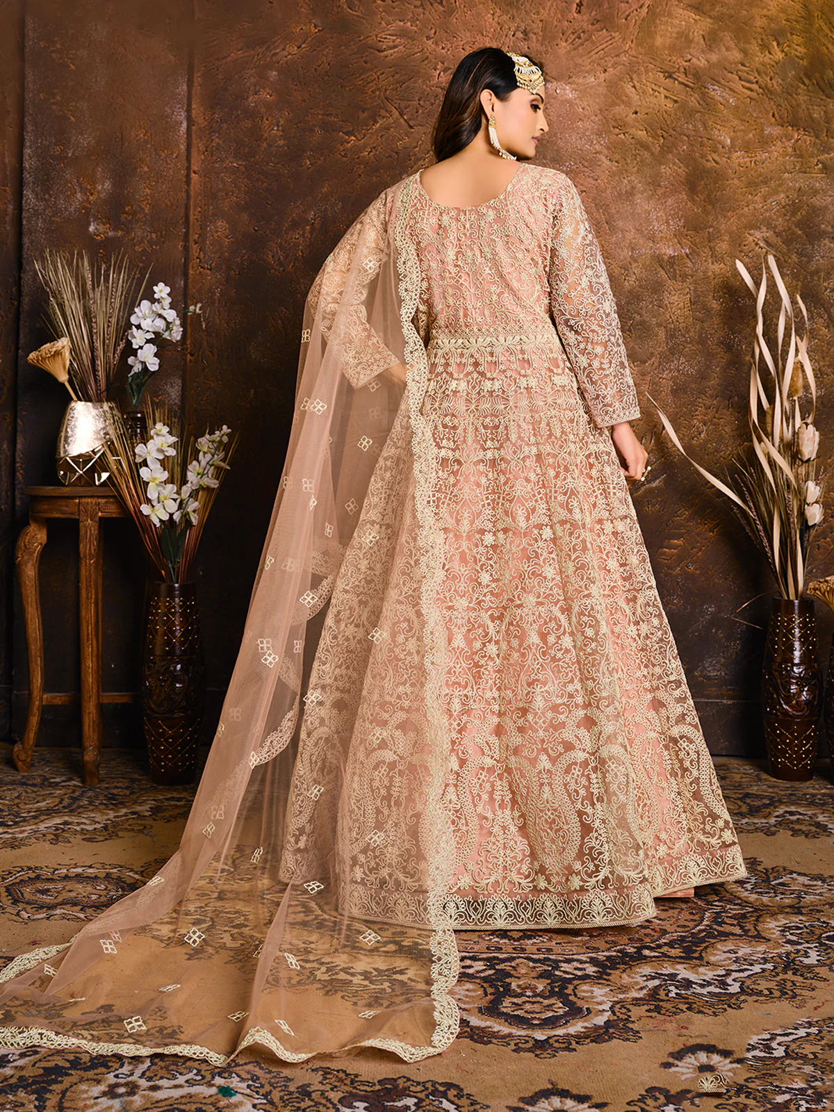 Odette Peach Net Embroidered Semi stitched Kurta Set with Inner For Women - Image 2