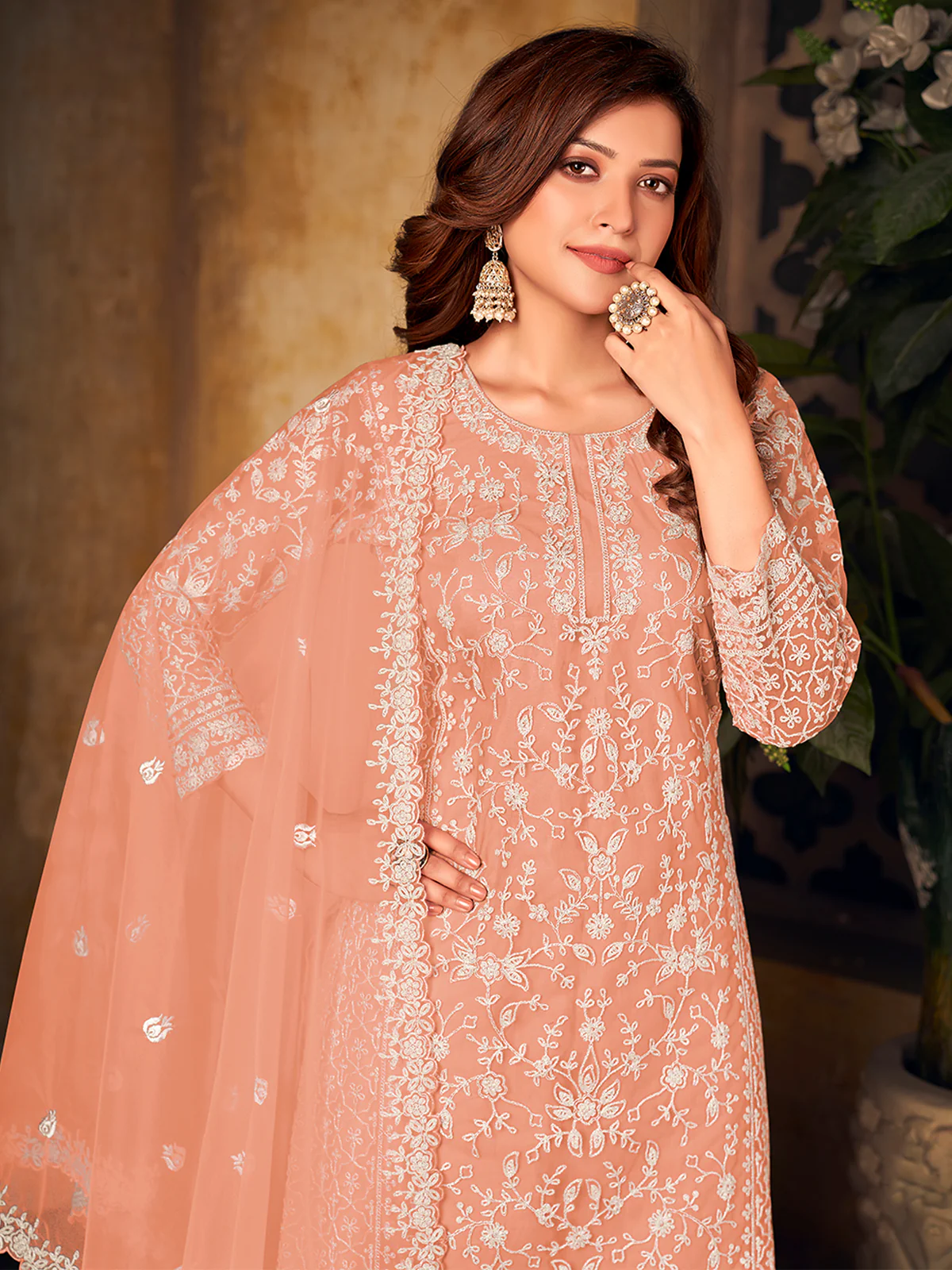 Odette Peach Net Embroidered Semi stitched Kurta Set with Inner For Women - Image 3