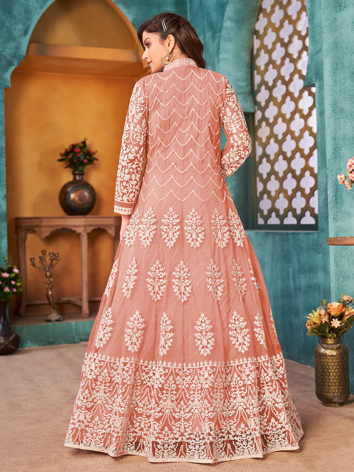Odette Peach Net  Embroidered Semi stitched Kurta Set with Inner For Women - Image 3