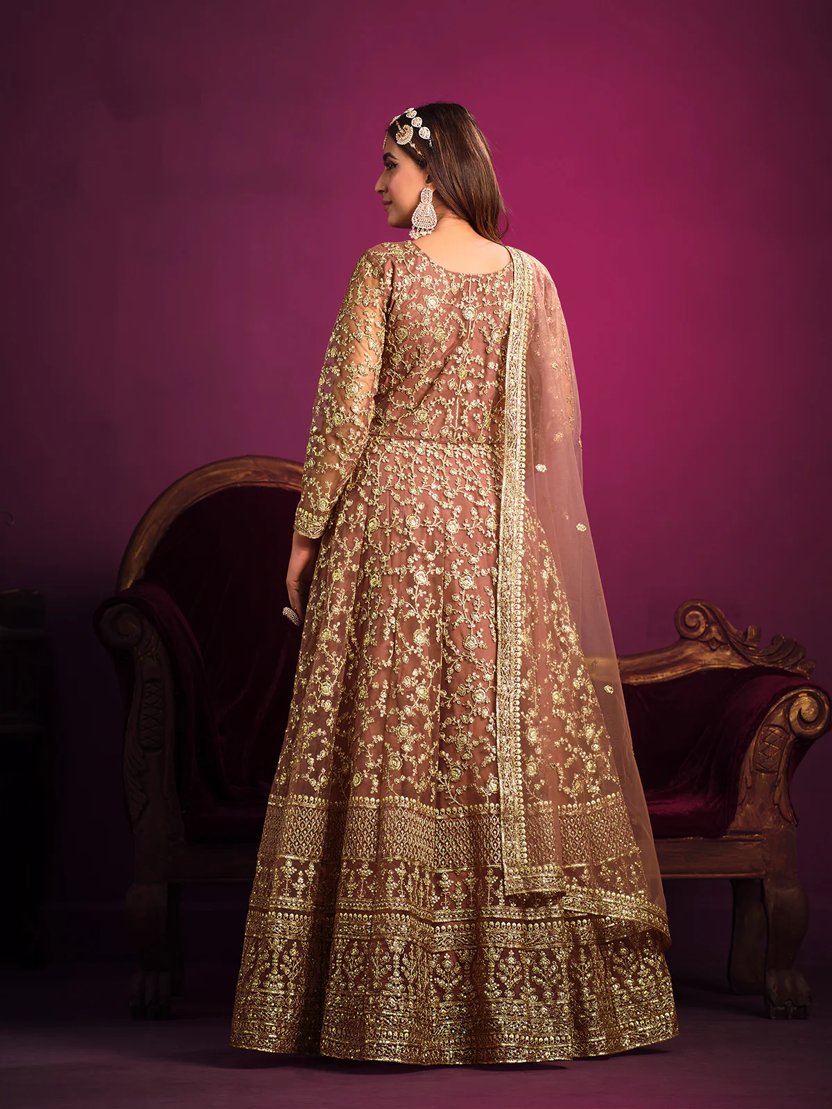 Odette Peach Net Embroidered Semi stitched Kurta Set With Inner For Women - Image 3