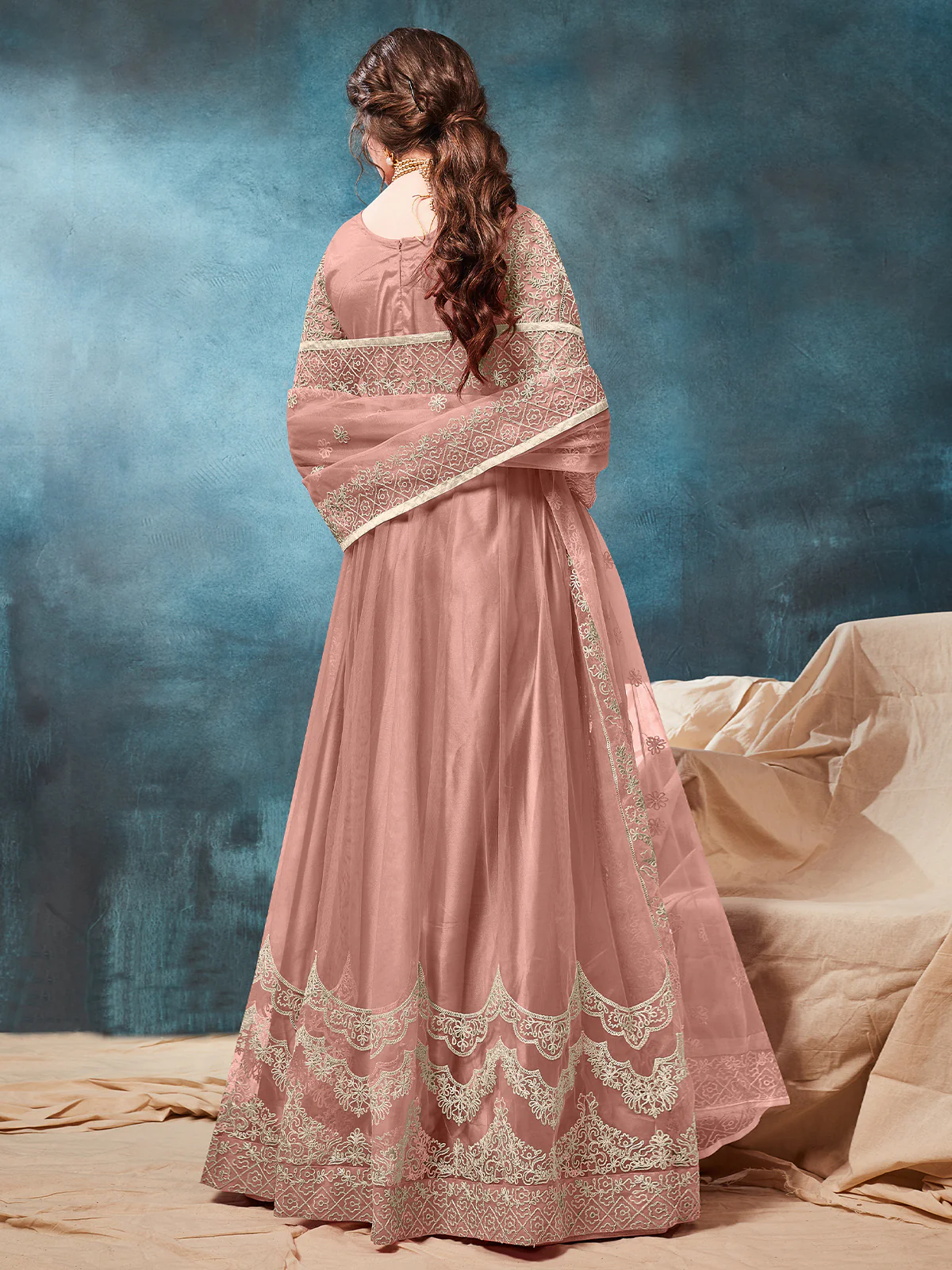 Odette Peach Net Embroidered Semi stitched Kurta Set with Inner For Women - Image 3