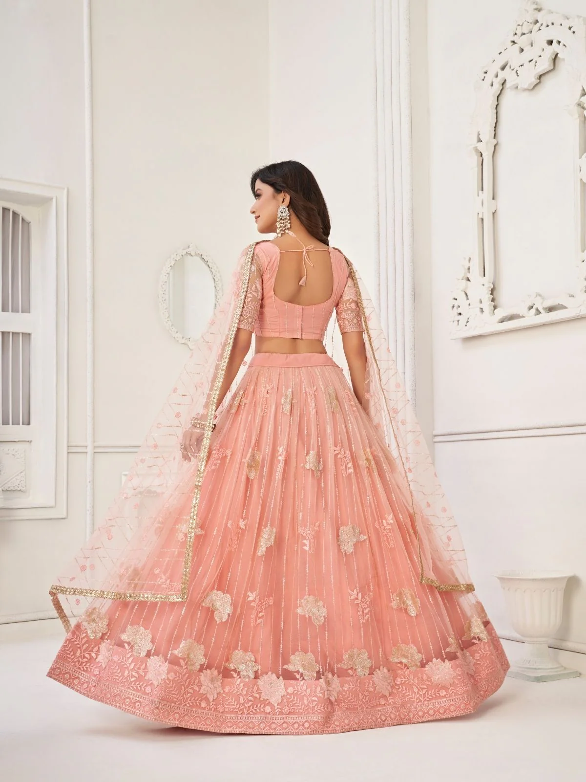 Odette Peach Net Embroidered Semi Stitched Lehenga For Women - Image 3