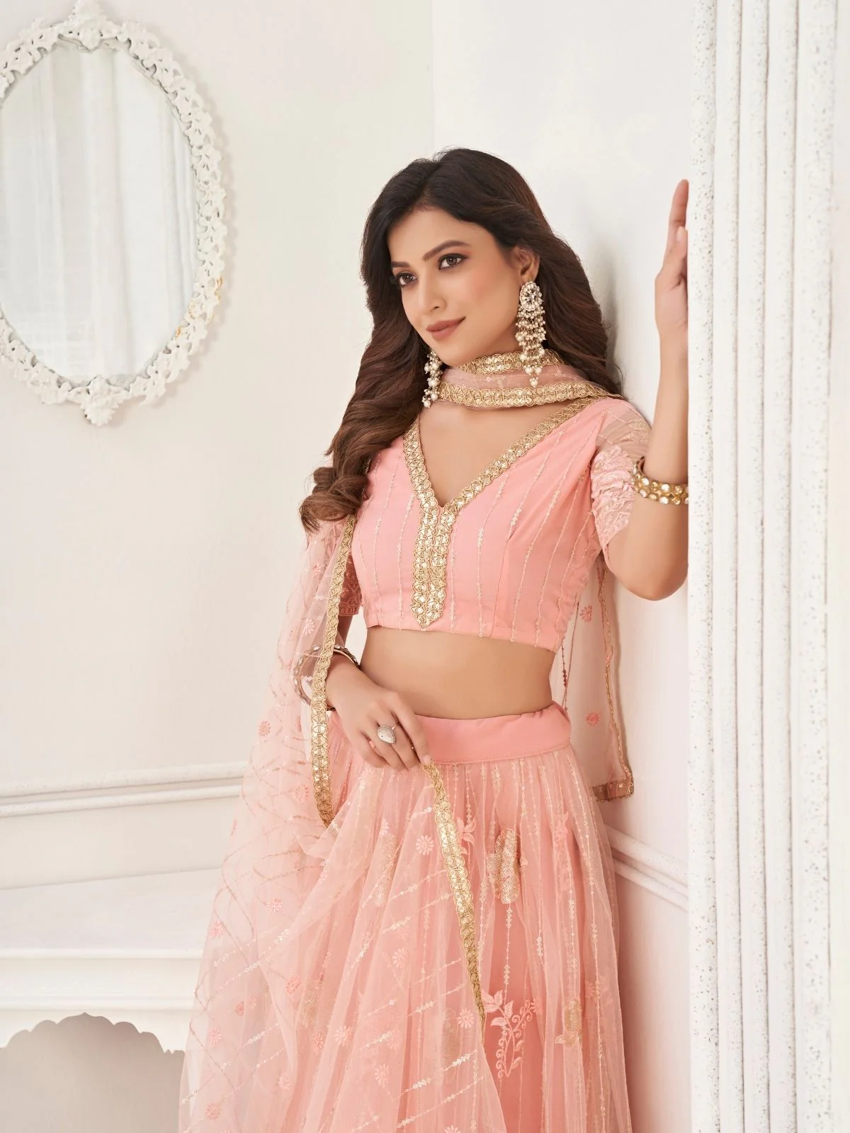 Odette Peach Net Embroidered Semi Stitched Lehenga For Women - Image 4