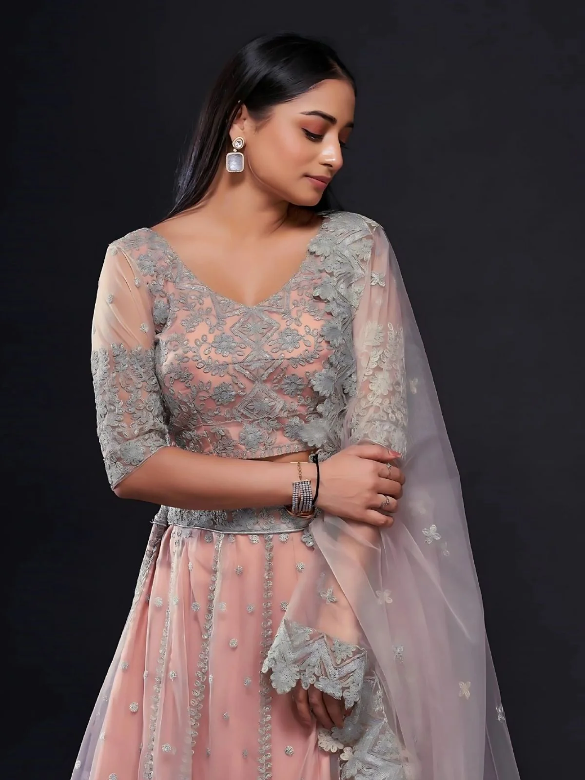 Odette Peach Net Embroidered Semi-Stitched Lehenga For Women - Image 3