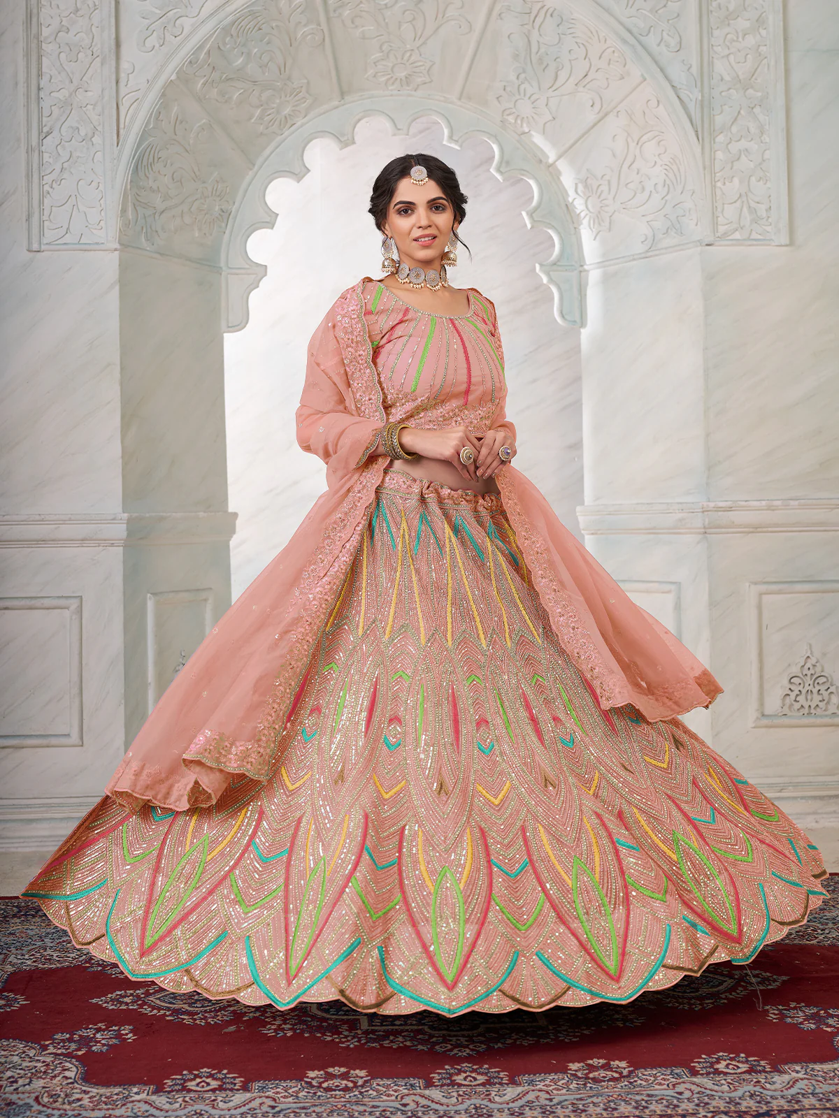 Odette Peach Net Embroidered Semi Stitched Lehenga With Unstitched Blouse for Women - Image 2
