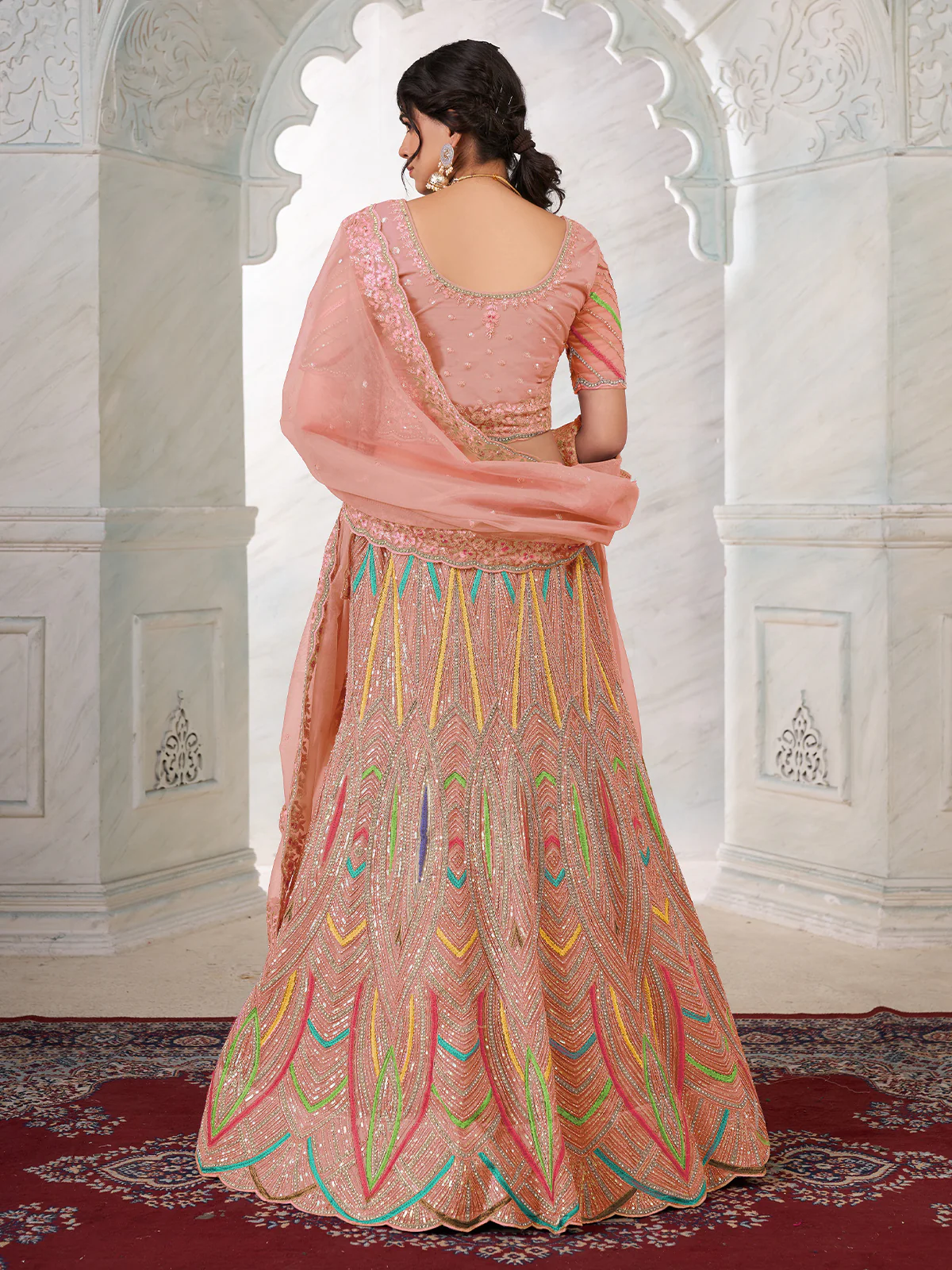 Odette Peach Net Embroidered Semi Stitched Lehenga With Unstitched Blouse for Women - Image 3