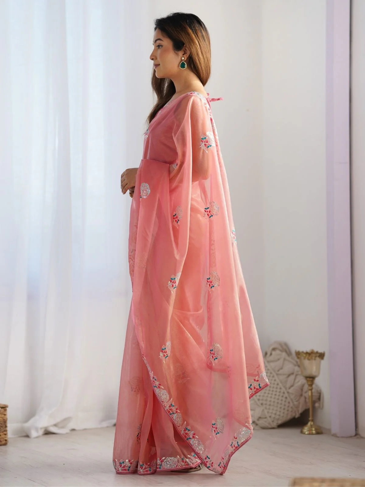 Odette Peach Net Sequins Embroidered Saree With Unstitched Blouse For Women - Image 3