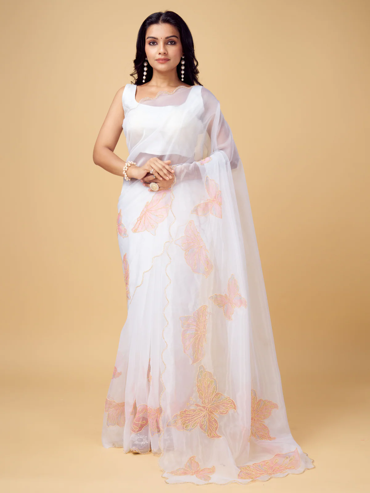 Odette White and Peach Organza Printed Saree With Unstitched Blouse For Women