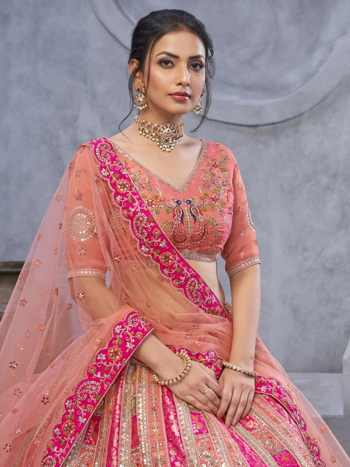 Odette Peach Organza Embellished Semi-Stitched Lehenga With Unstitched Blouse For Women - Image 4