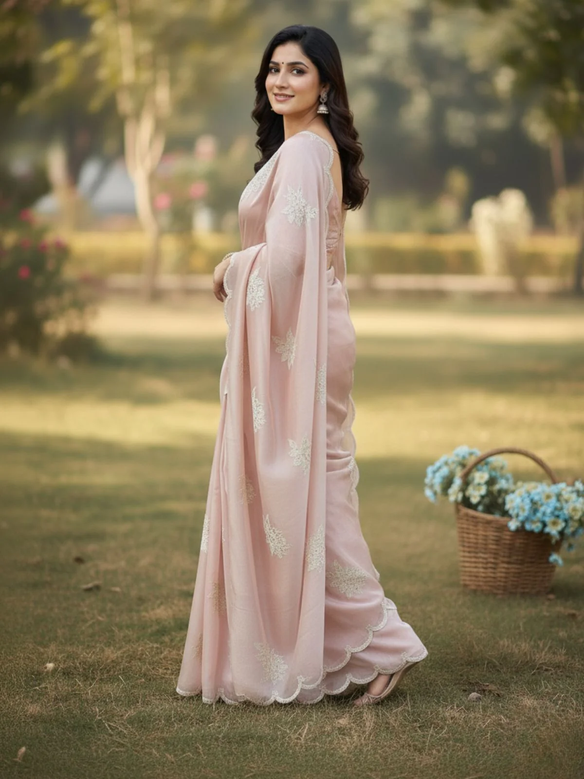 Odette Peach Organza Embroidered And Cutwork Solid Saree For Women - Image 2