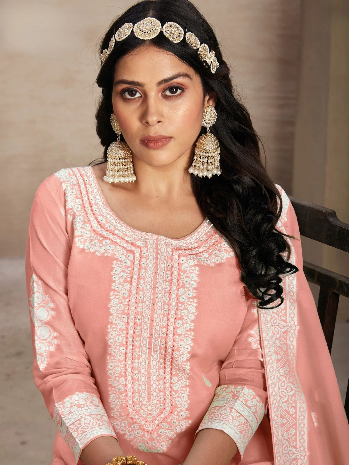 Odette Peach Organza Embroidered Semi-Stitched Kurta Set For Women - Image 2