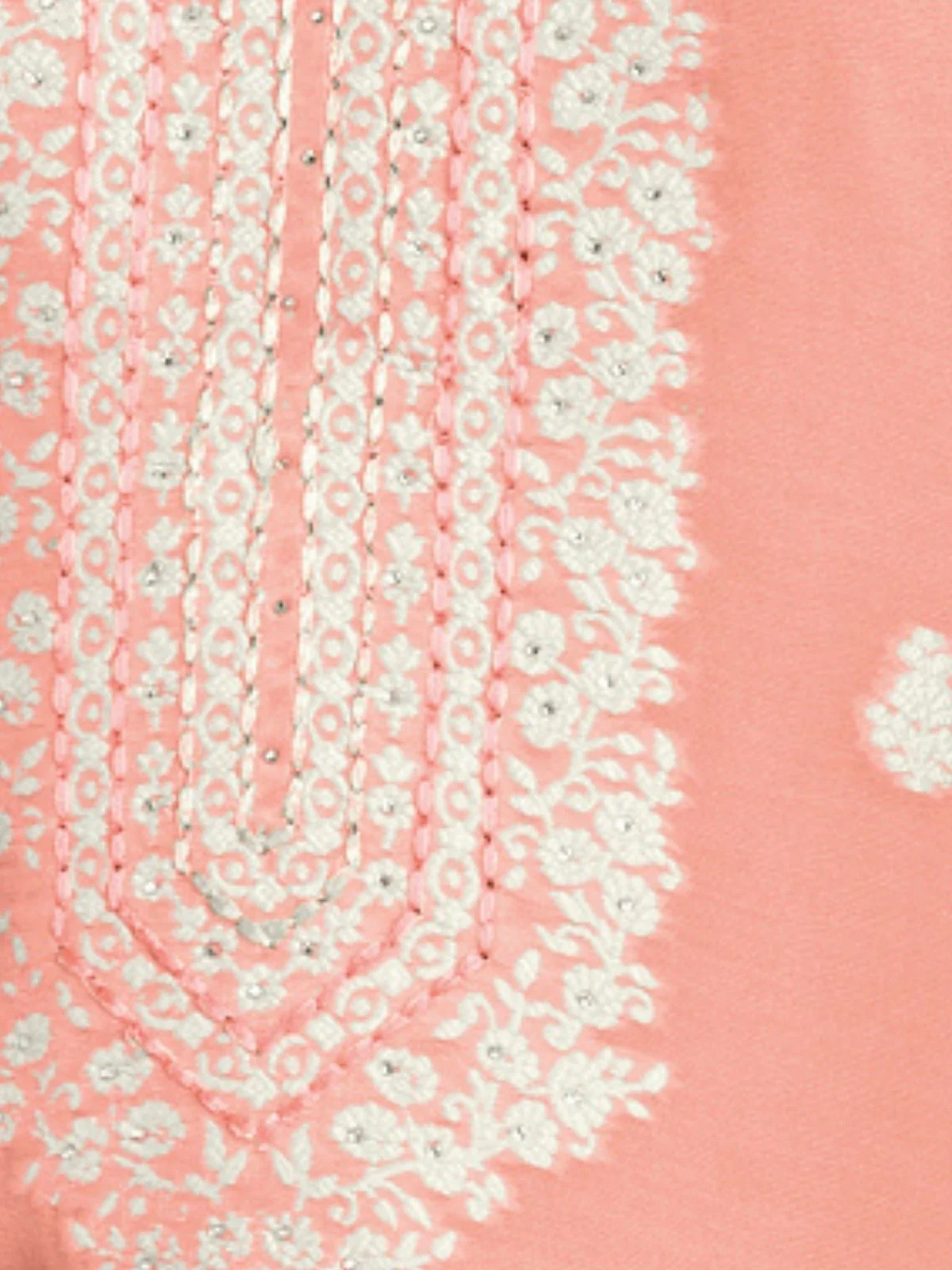 Odette Peach Organza Embroidered Semi-Stitched Kurta Set For Women - Image 3