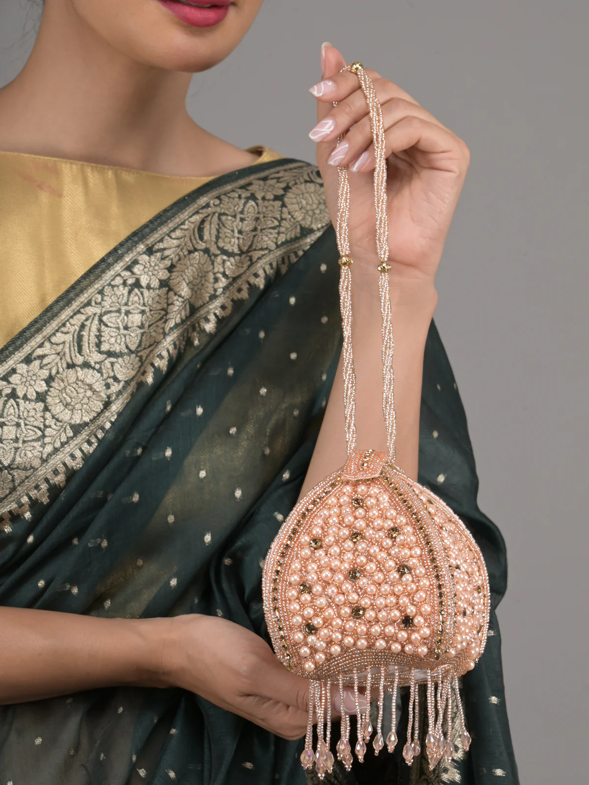 Odette Peach Pearl and Stone Embellished Clutch for Women - Image 2