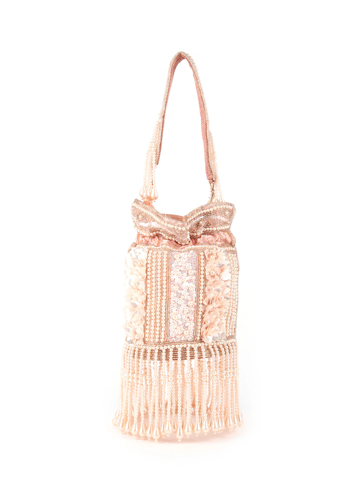 Odette Peach Pearl Embroidered Potli Bag For Women - Image 5